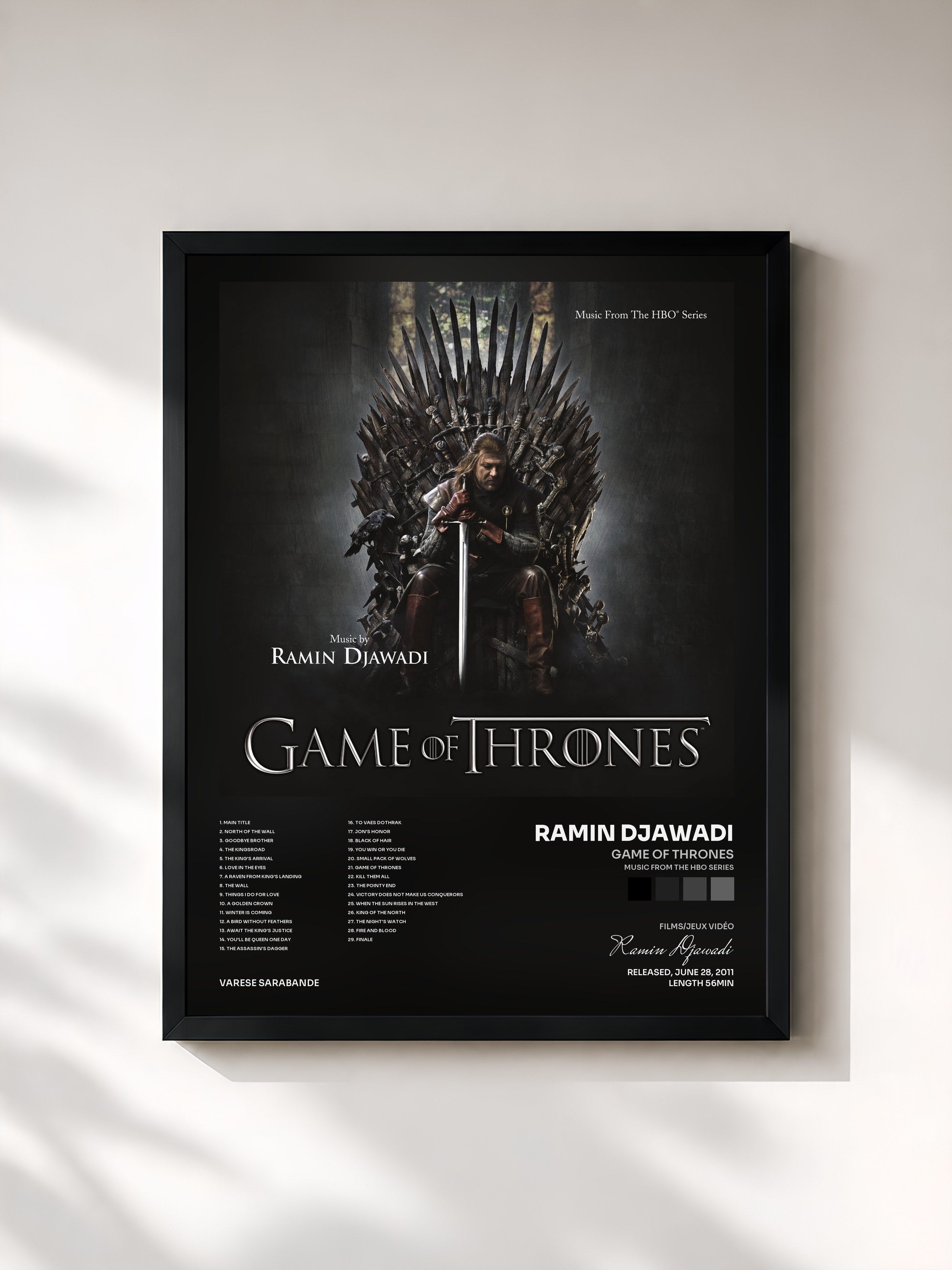 #noir Game Of Thrones (Music From The HBO Series) de Ramin Djawadi en lámina enmarcada, marco negro, impresa y enmarcada en Francia