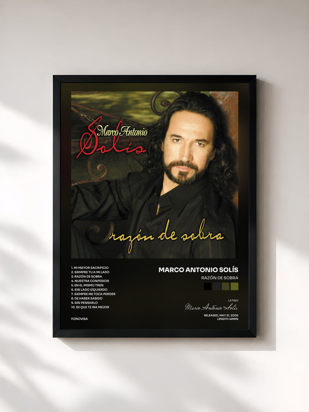 #noir Tableau de l'album Razón De Sobra de Marco Antonio Solís, cadre noir, imprimé et encadré en France