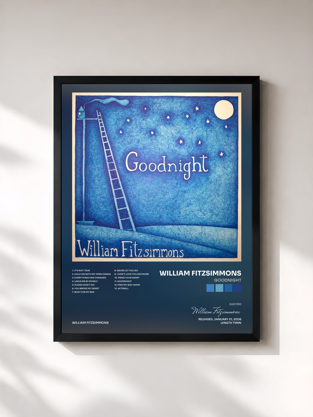 #noir Tableau de l'album Goodnight de William Fitzsimmons, cadre noir, imprimé et encadré en France