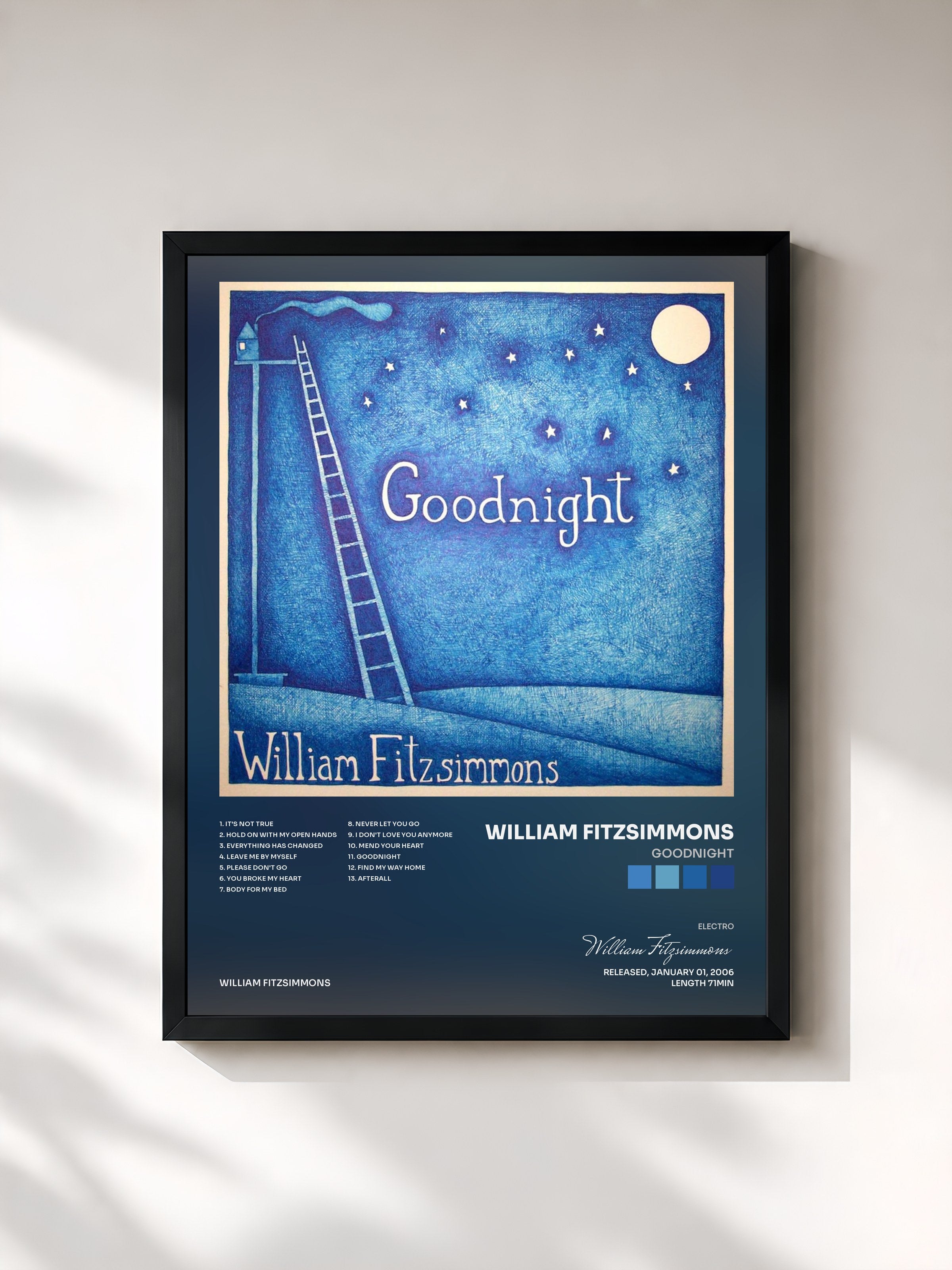 #noir Tableau de l'album Goodnight de William Fitzsimmons, cadre noir, imprimé et encadré en France
