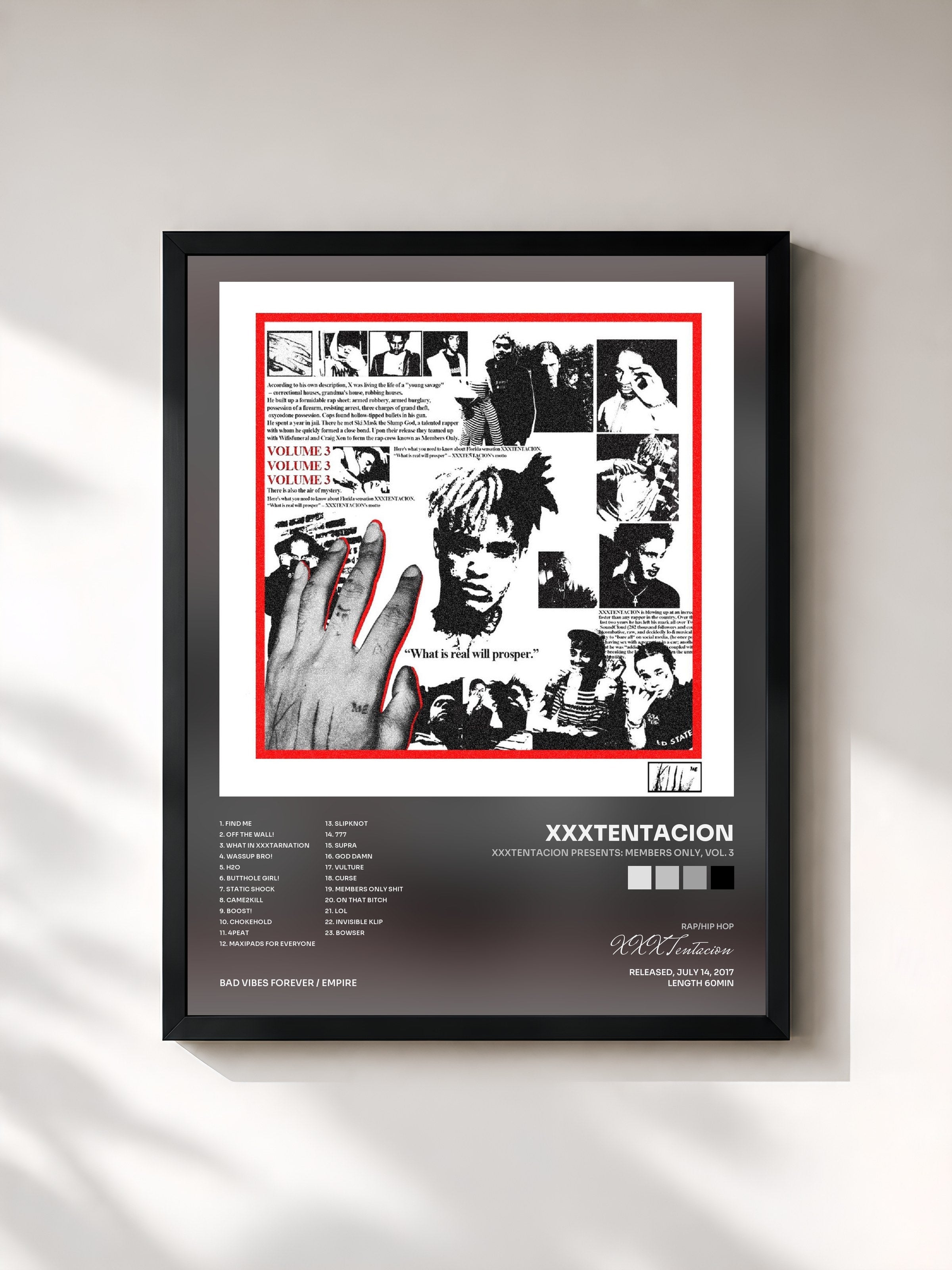 #noir XXXTENTACION Presents: Members Only, Vol. 3 de XXXTentacion en lámina enmarcada, marco negro, impresa y enmarcada en Francia