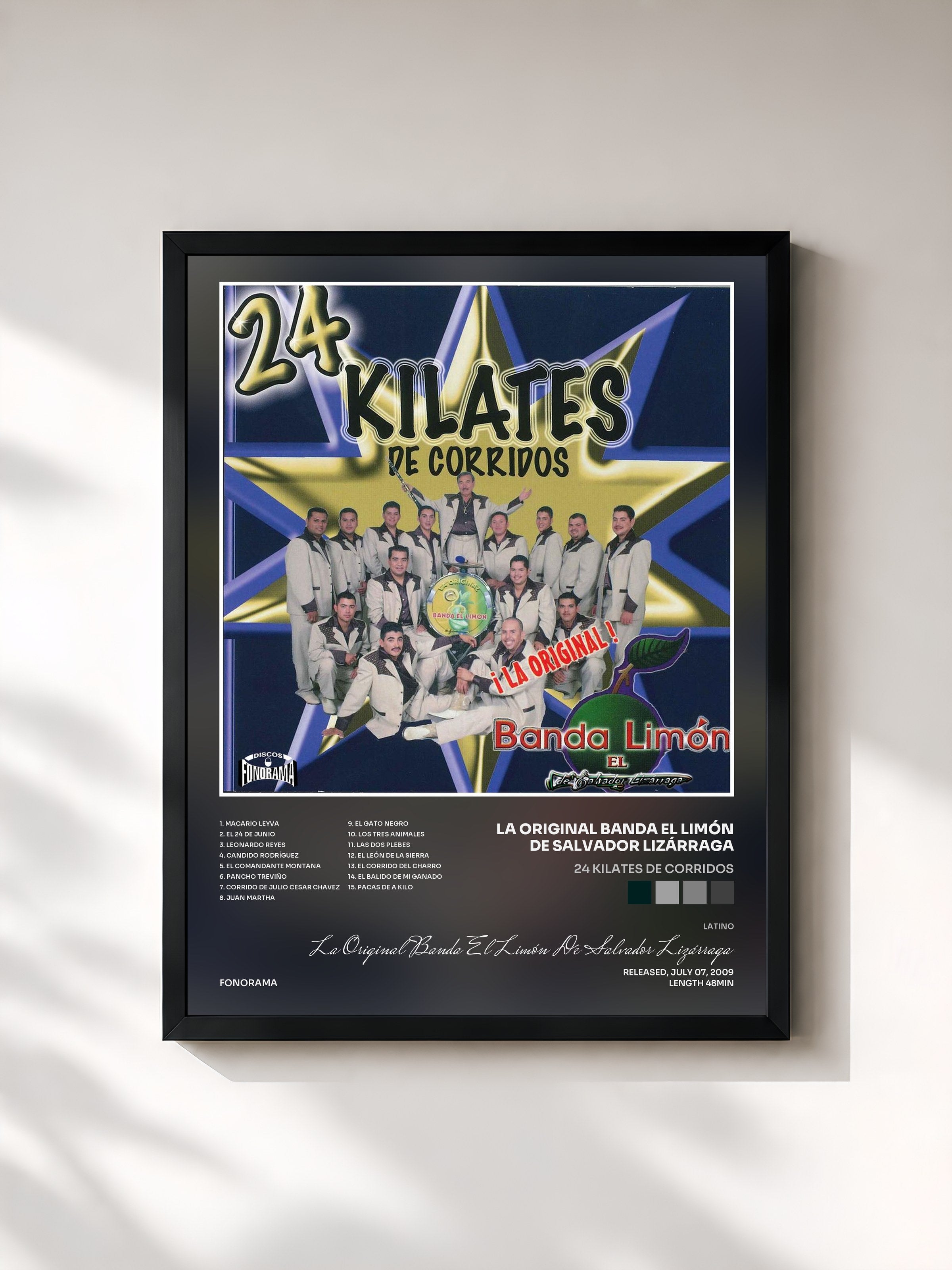 #noir Tableau de l'album 24 Kilates de Corridos de La Original Banda El Limón De Salvador Lizárraga, cadre noir, imprimé et encadré en France