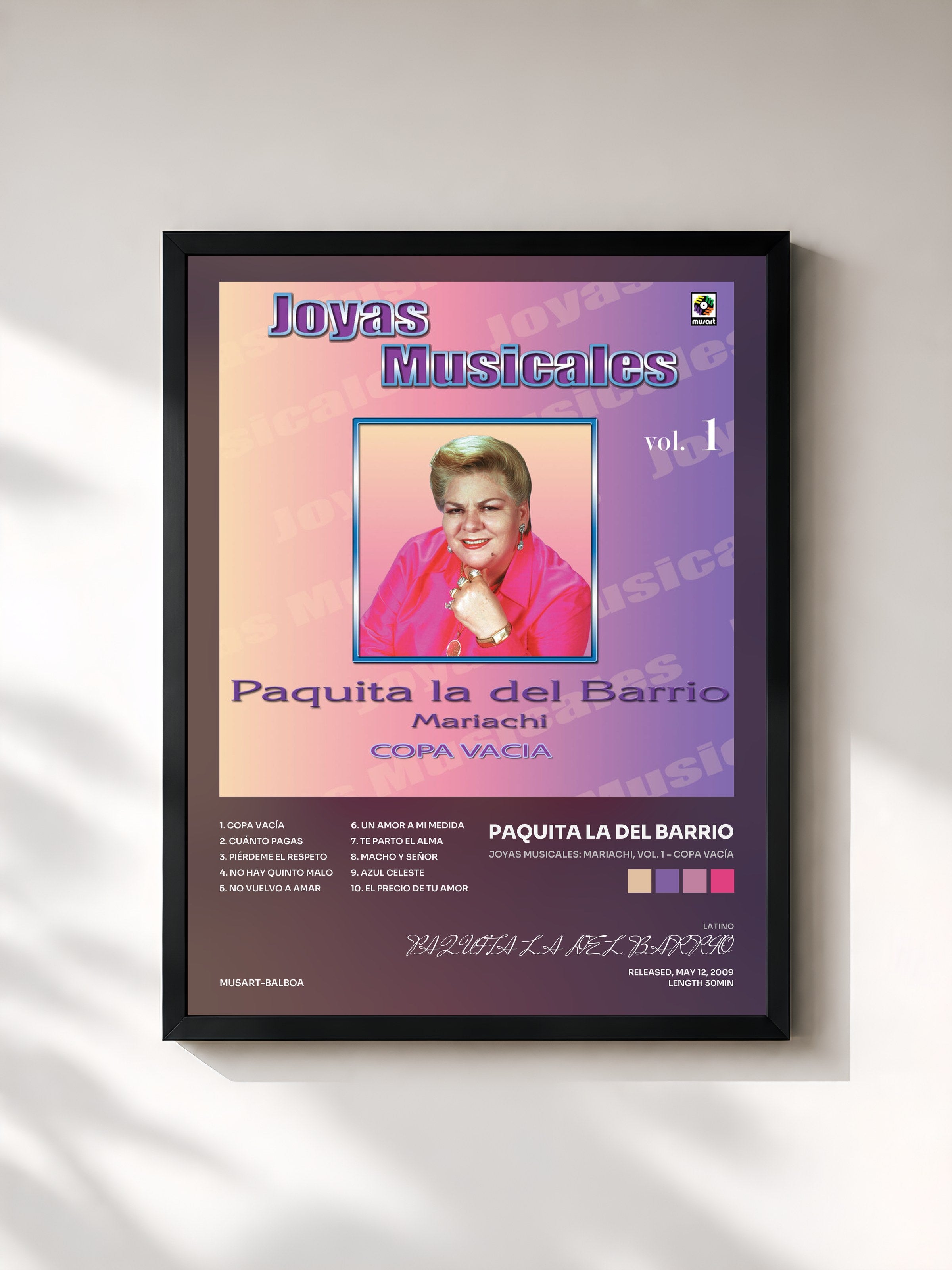#noir Tableau de l'album Joyas Musicales: Mariachi, Vol. 1 – Copa Vacía de PAQUITA LA DEL BARRIO, cadre noir, imprimé et encadré en France