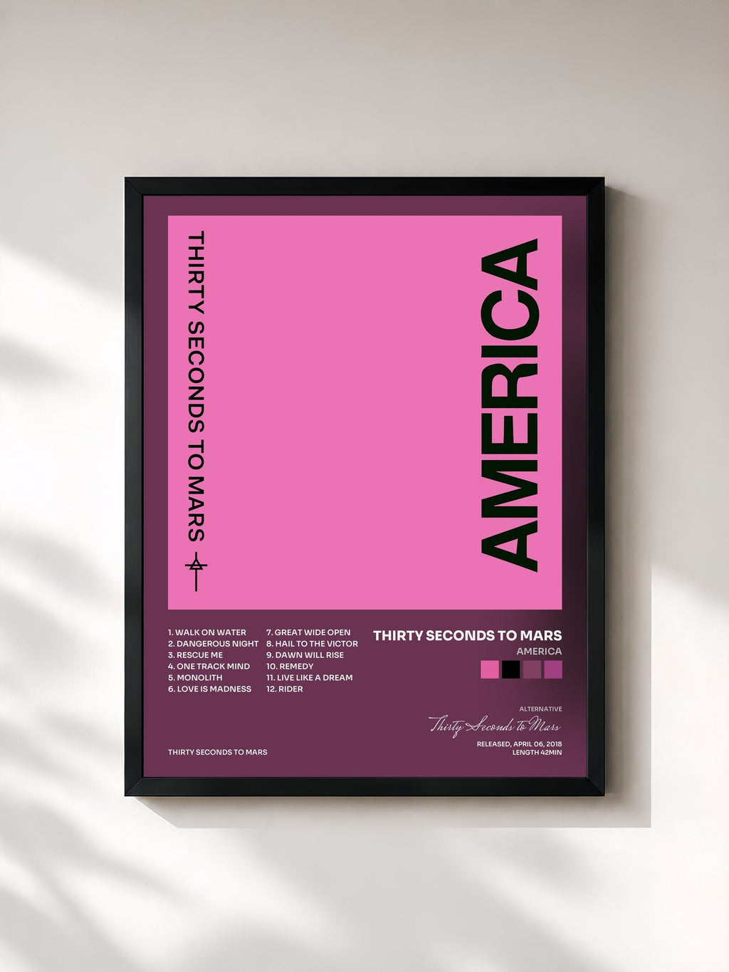 #noir Tableau de l'album America de Thirty Seconds to Mars, cadre noir, imprimé et encadré en France