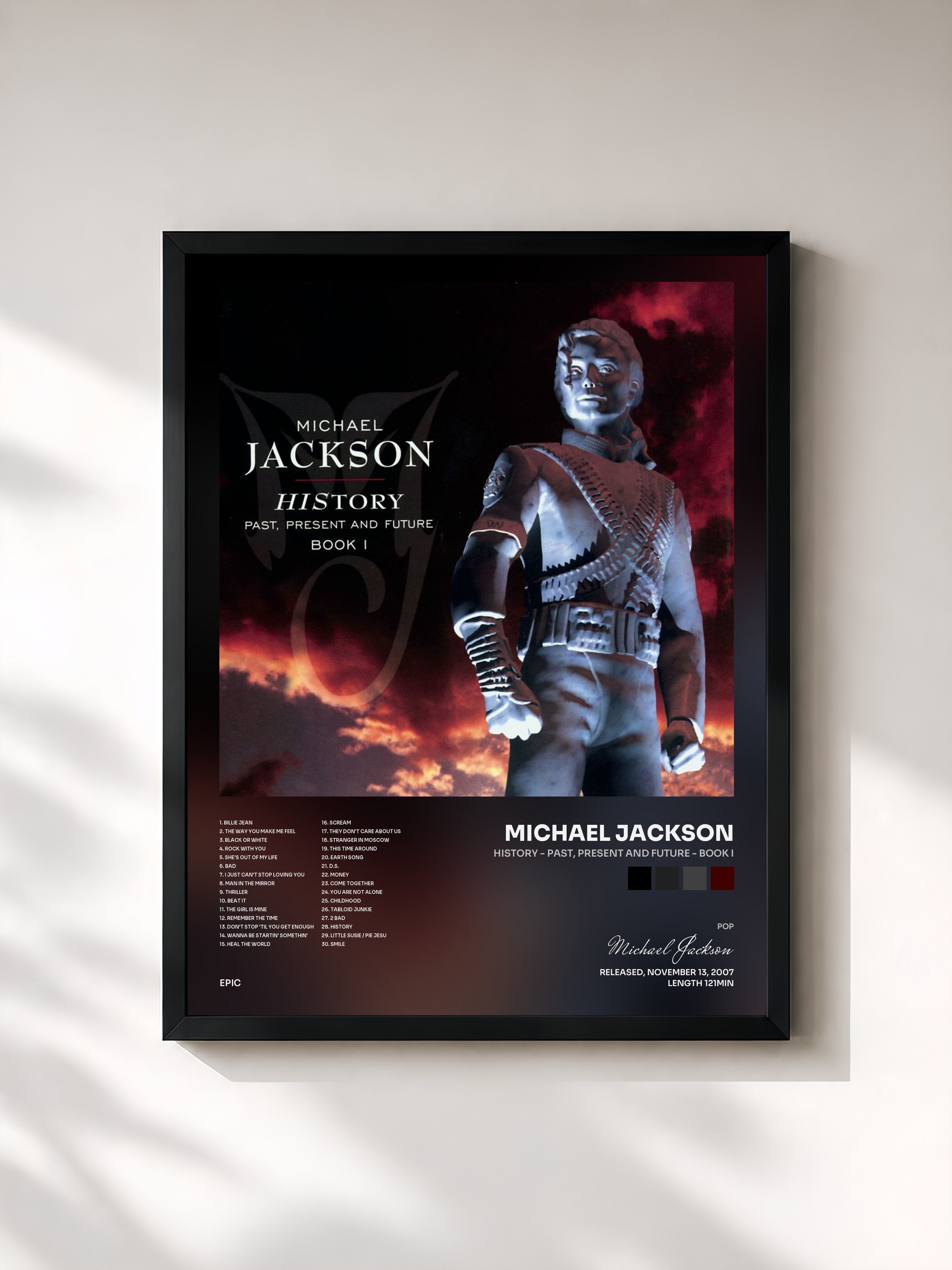 #noir Tableau de l'album HIStory - PAST, PRESENT AND FUTURE - BOOK I de Michael Jackson, cadre noir, imprimé et encadré en France