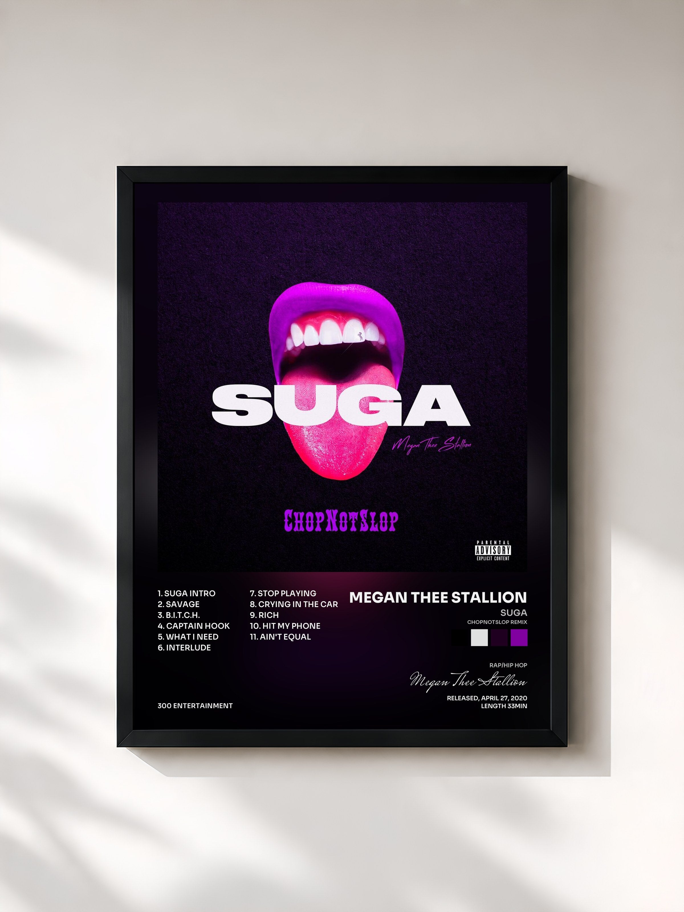 #noir Tableau de l'album Suga (Chopnotslop Remix) de Megan Thee Stallion, cadre noir, imprimé et encadré en France