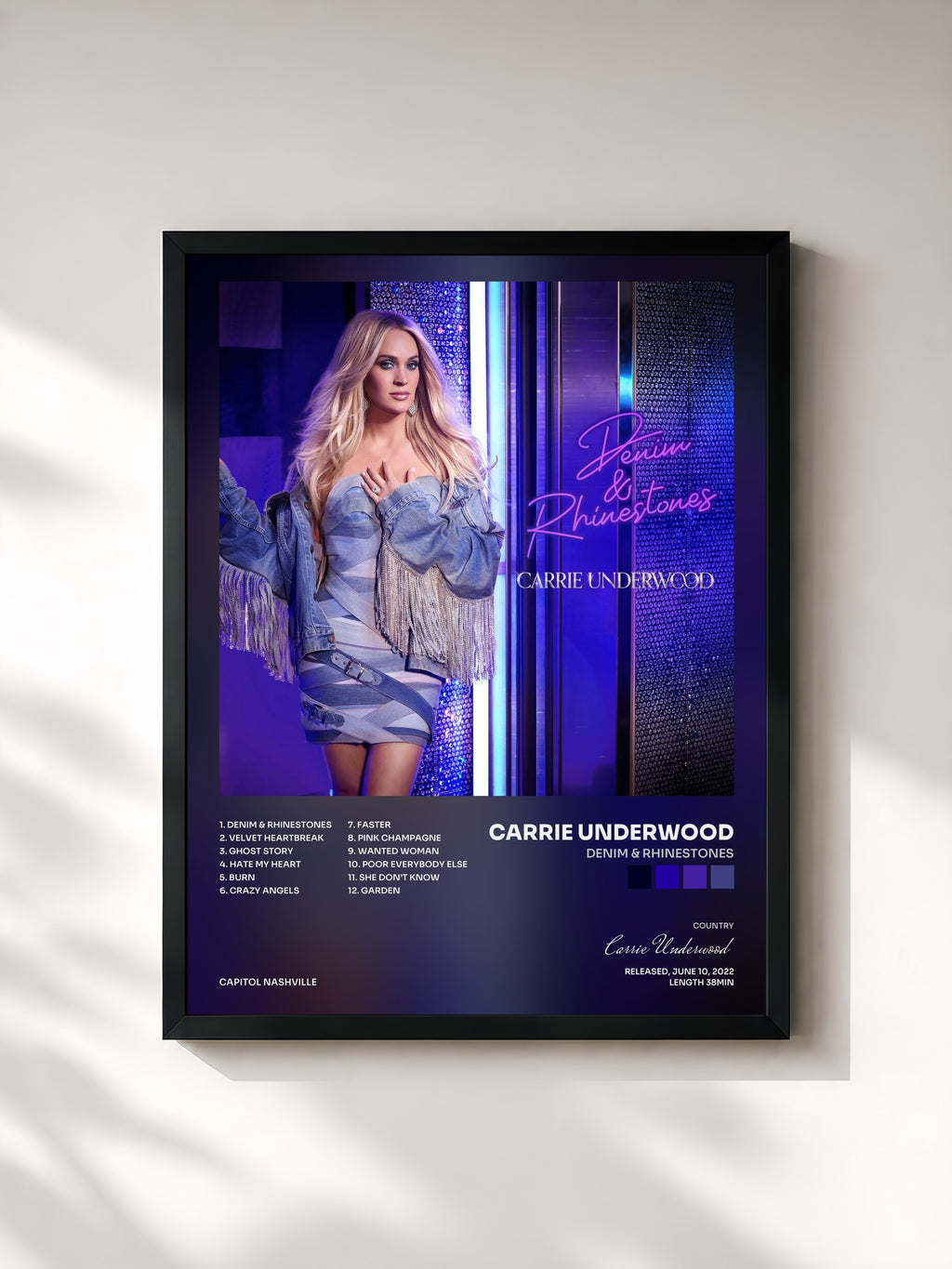 #noir Tableau de l'album Denim & Rhinestones de Carrie Underwood, cadre noir, imprimé et encadré en France