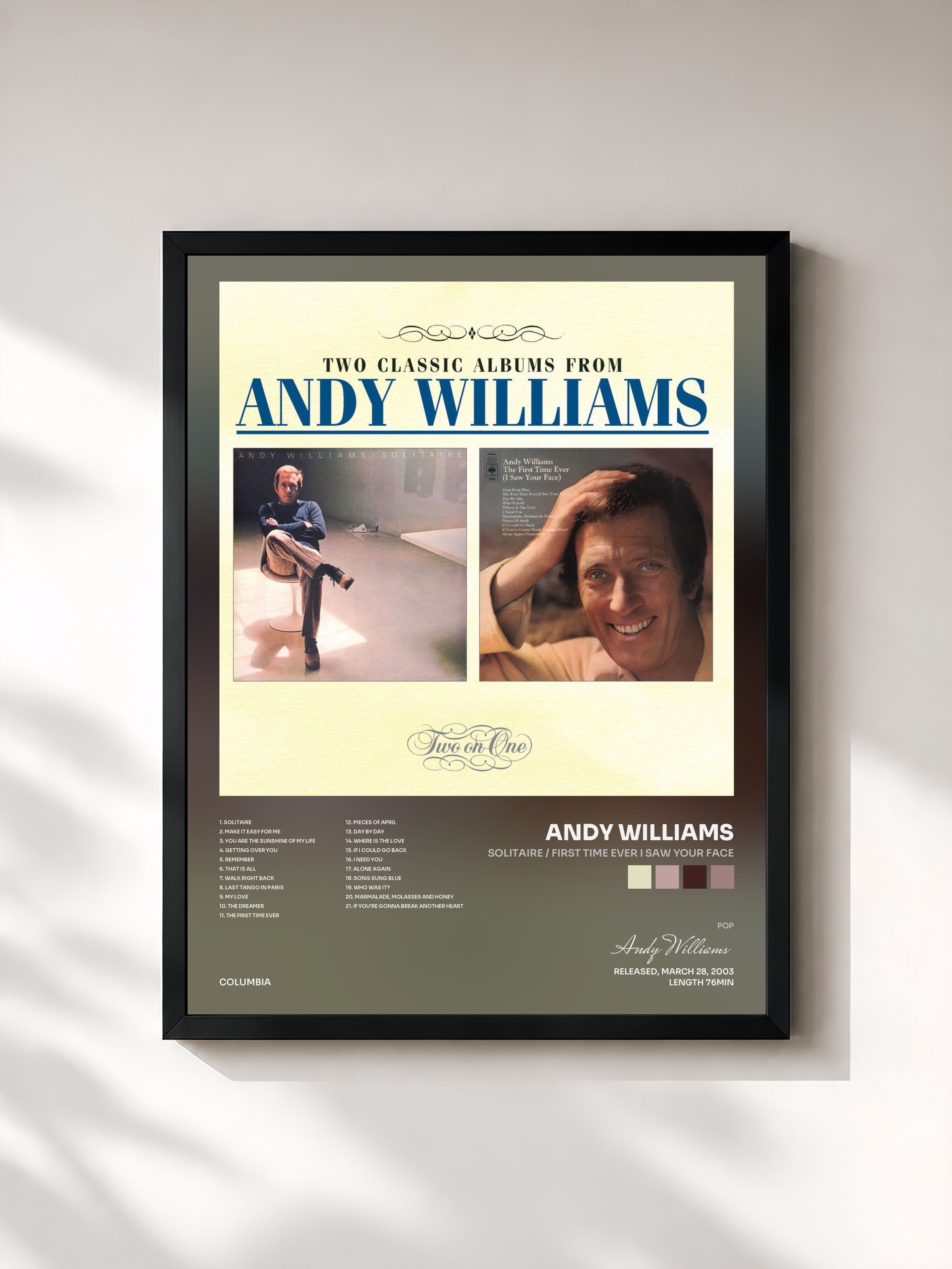 #noir Tableau de l'album Solitaire / First Time Ever I Saw Your Face de Andy Williams, cadre noir, imprimé et encadré en France