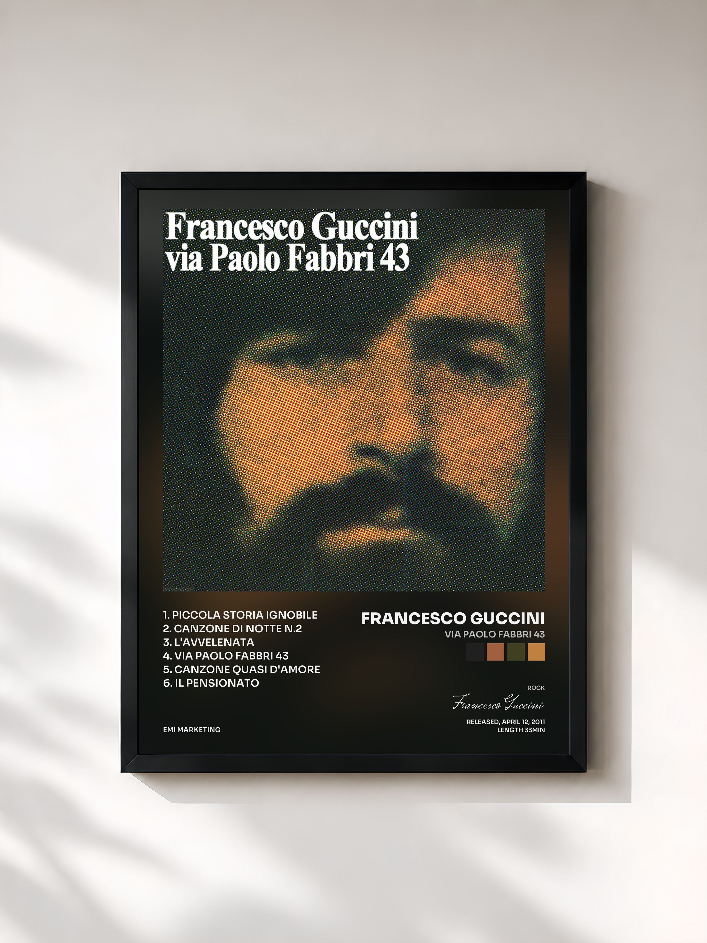 #noir Tableau de l'album Via Paolo Fabbri 43 de Francesco Guccini, cadre noir, imprimé et encadré en France