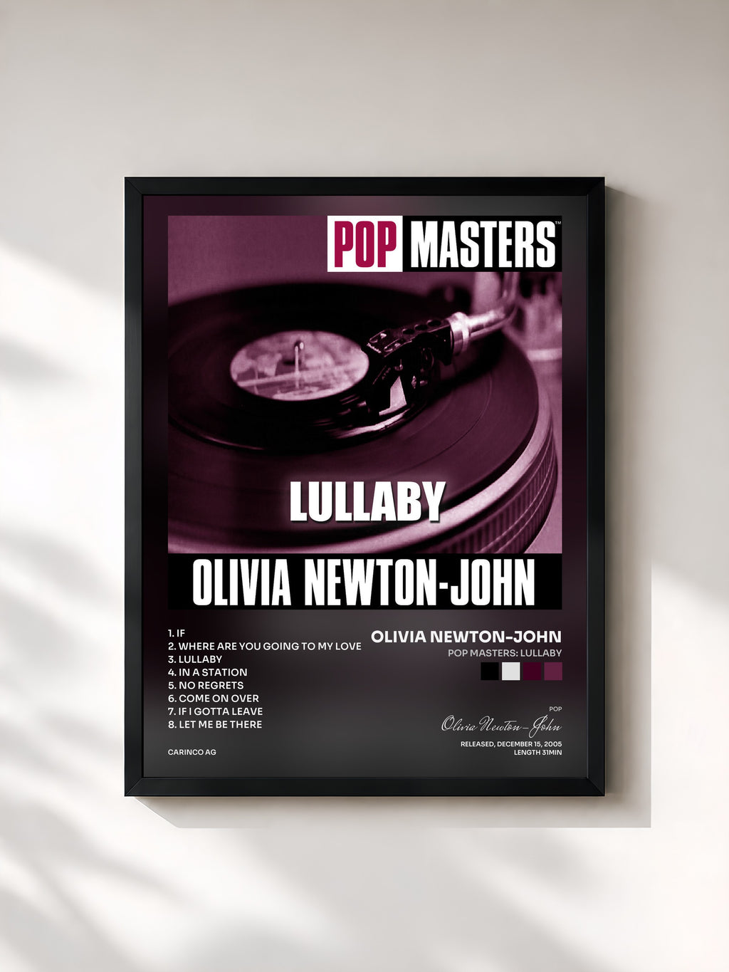 #noir Tableau de l'album Pop Masters: Lullaby de Olivia Newton-John, cadre noir, imprimé et encadré en France