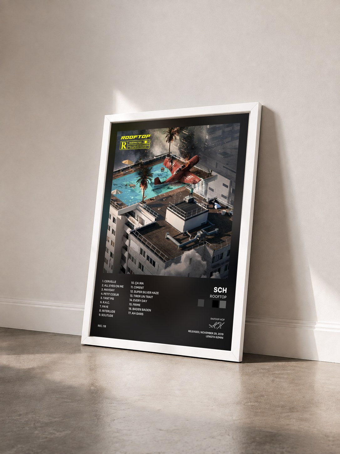 #blanc Tableau de l'album Rooftop de SCH vu de trois quarts, cadre blanc