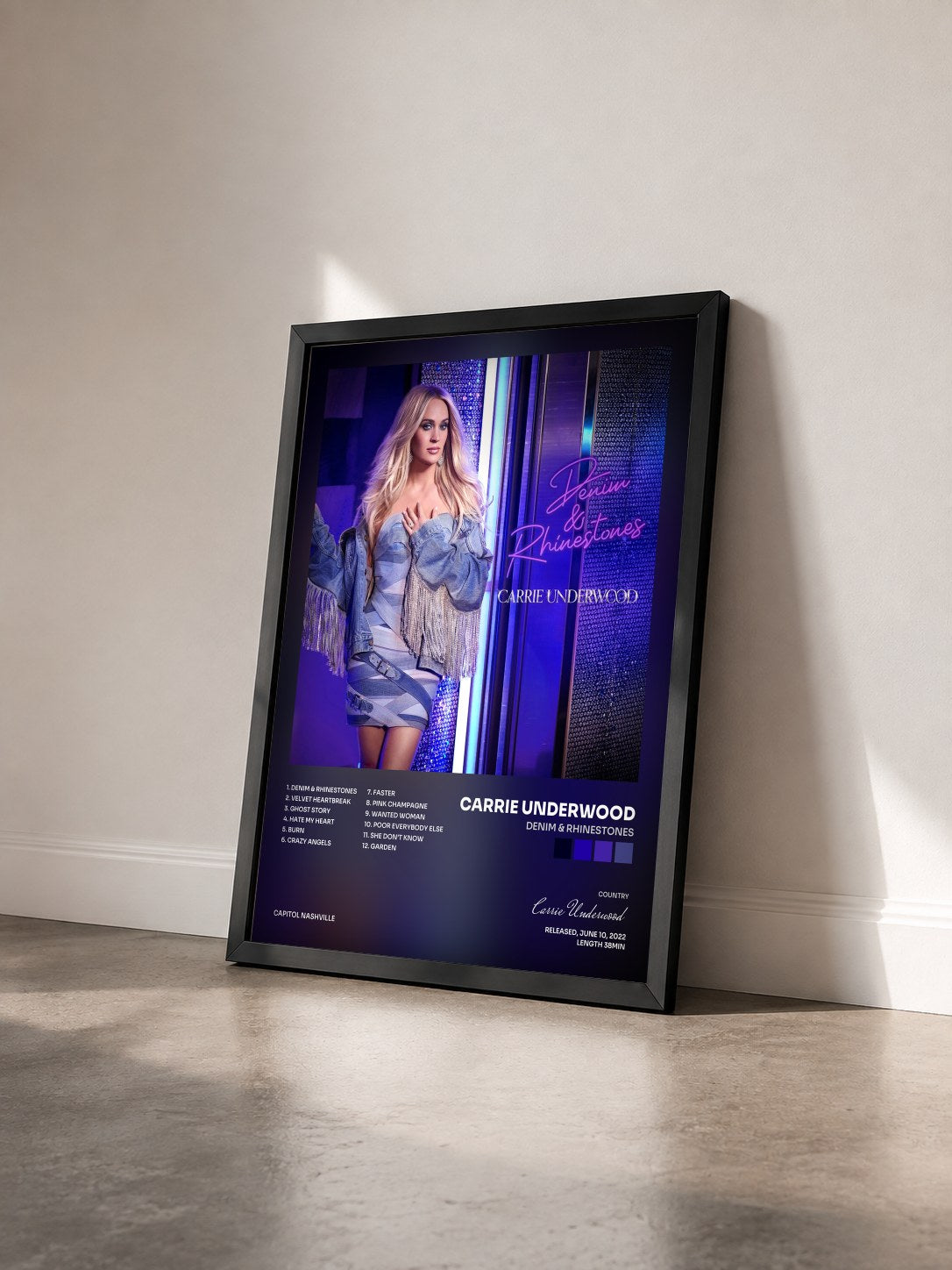 #noir Tableau de l'album Denim & Rhinestones de Carrie Underwood vu de trois quarts, cadre noir