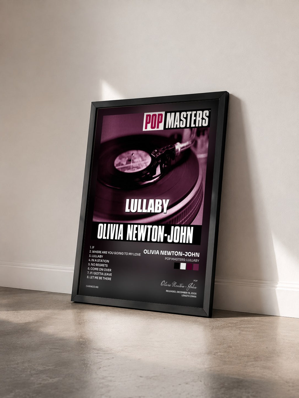 #noir Tableau de l'album Pop Masters: Lullaby de Olivia Newton-John vu de trois quarts, cadre noir