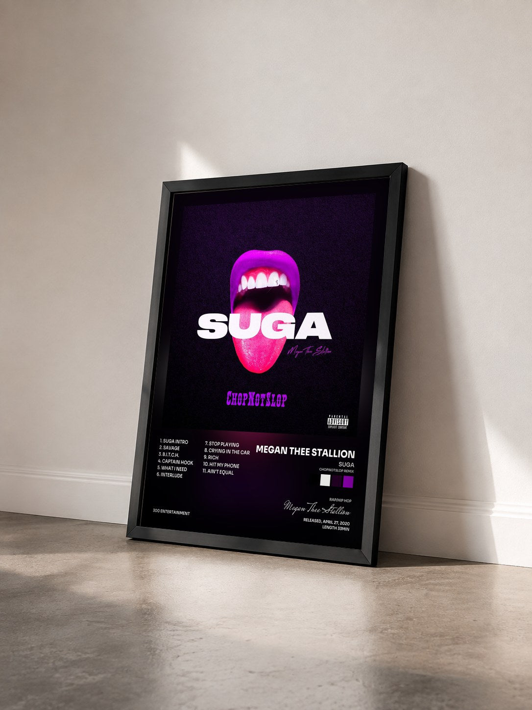 #noir Tableau de l'album Suga (Chopnotslop Remix) de Megan Thee Stallion vu de trois quarts, cadre noir