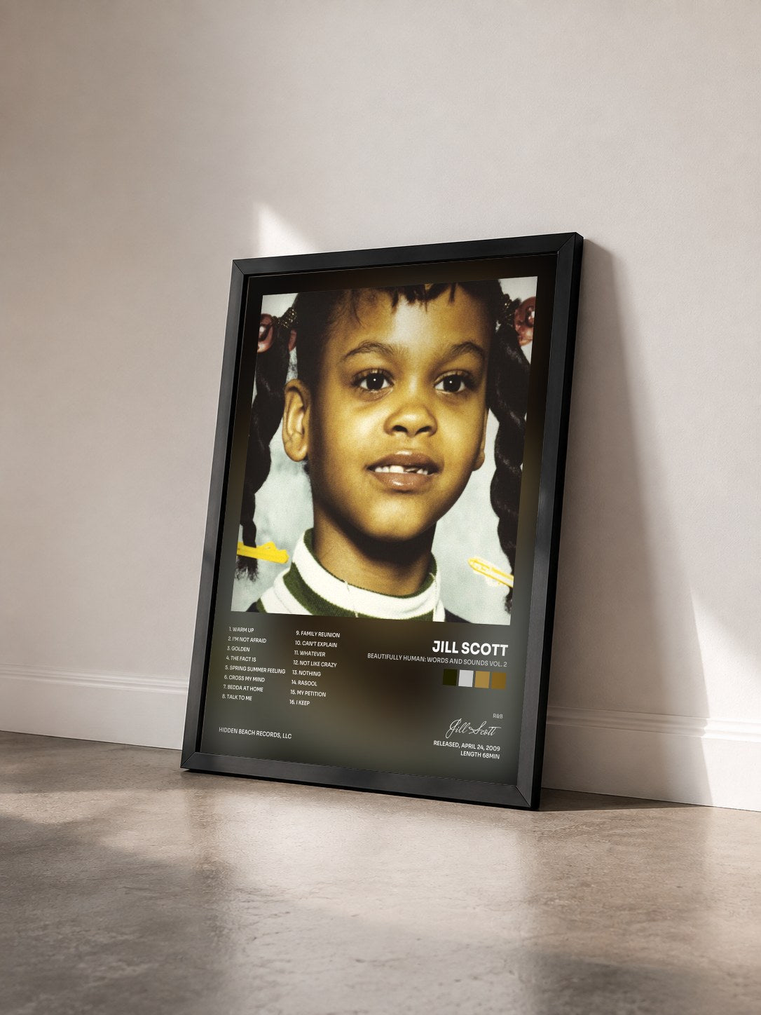 #noir Tableau de l'album Beautifully Human: Words and Sounds Vol. 2 de Jill Scott vu de trois quarts, cadre noir
