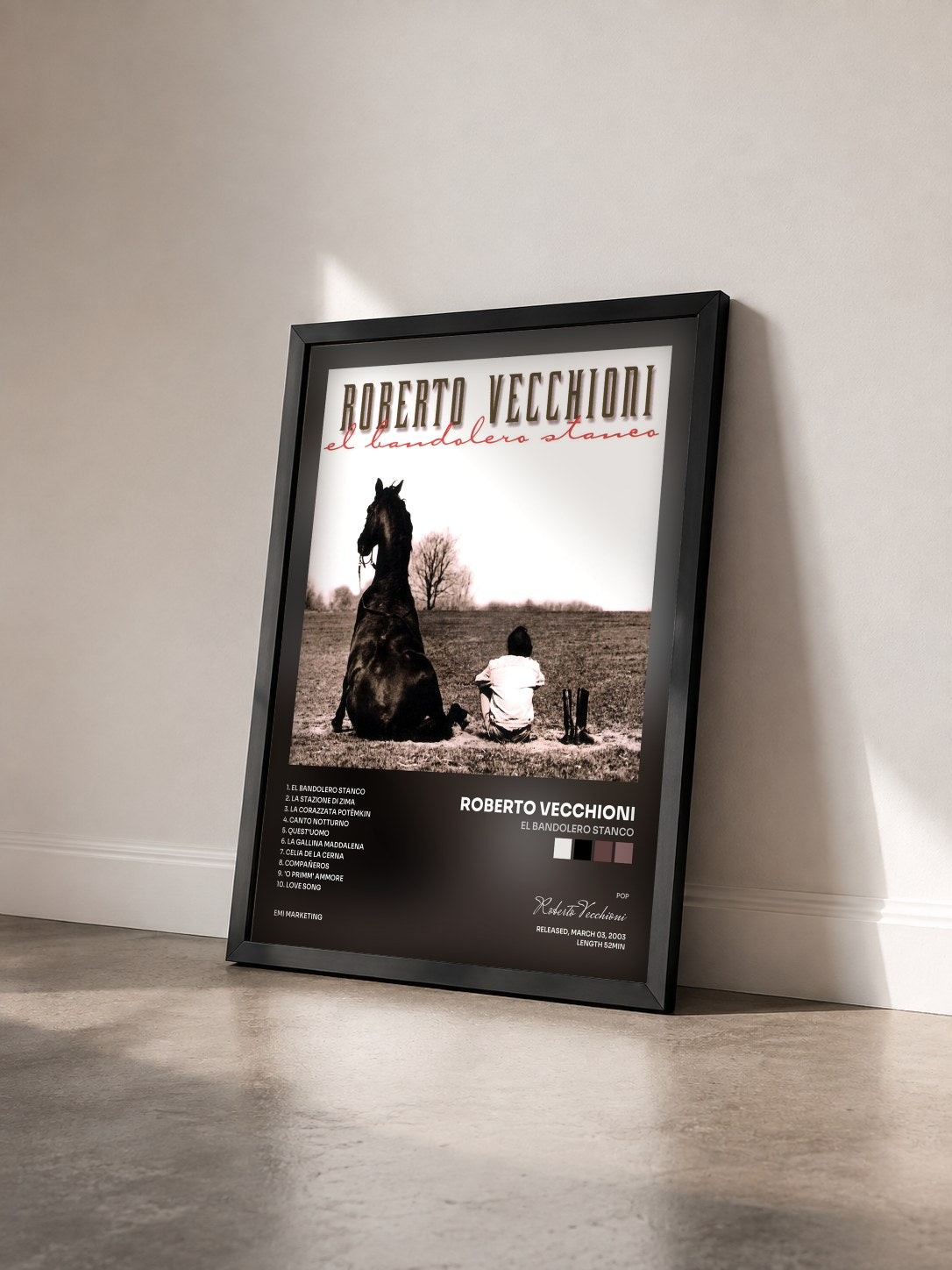 #noir Tableau de l'album El Bandolero Stanco de Roberto Vecchioni vu de trois quarts, cadre noir