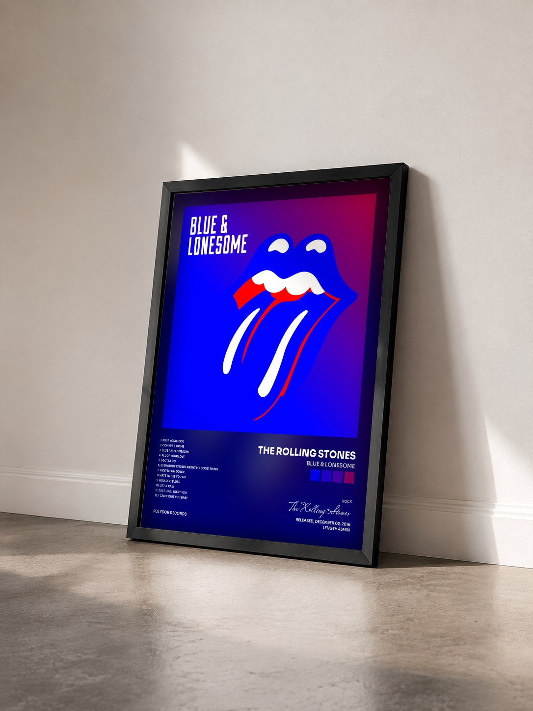 #noir Tableau de l'album Blue & Lonesome de The Rolling Stones vu de trois quarts, cadre noir
