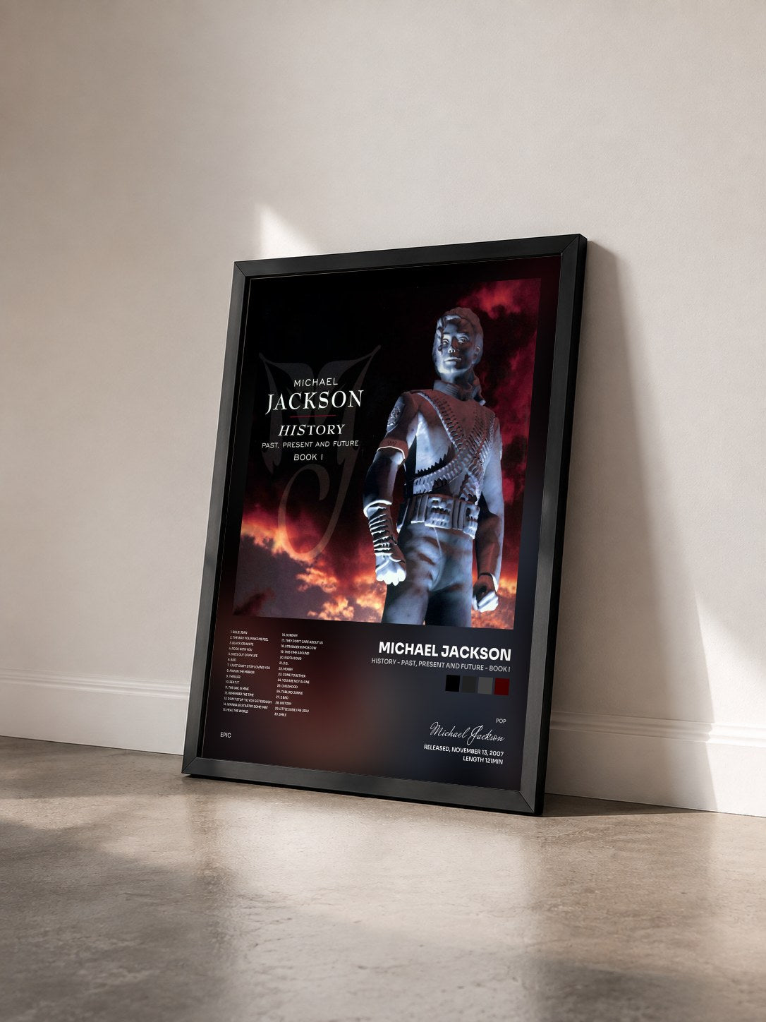 #noir Tableau de l'album HIStory - PAST, PRESENT AND FUTURE - BOOK I de Michael Jackson vu de trois quarts, cadre noir