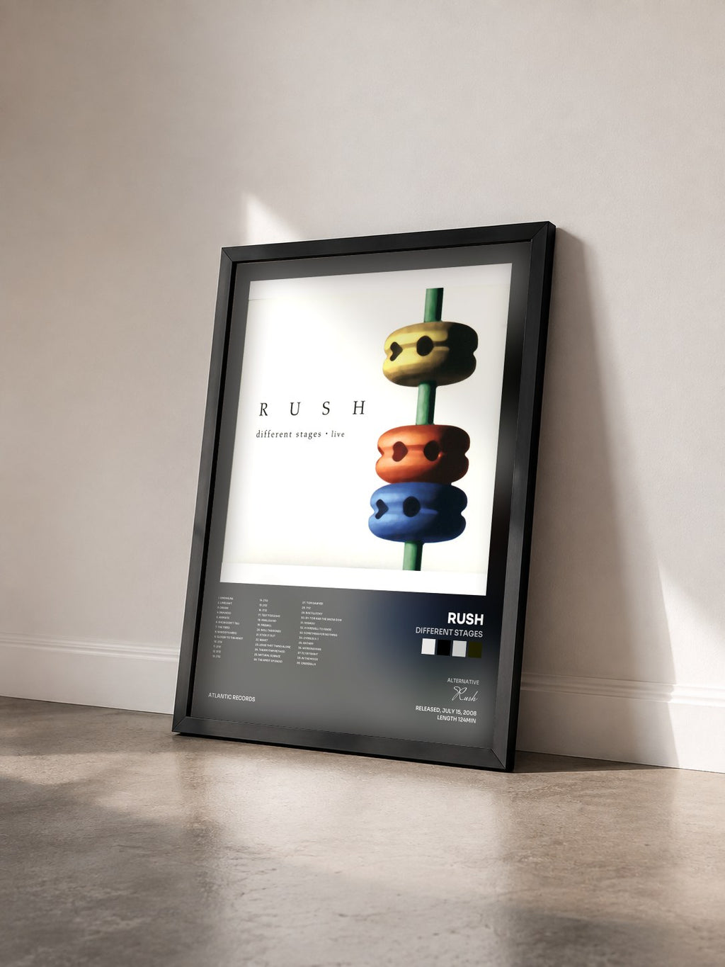 #noir Different Stages by Rush as a framed art print seen at an angle, black frame
