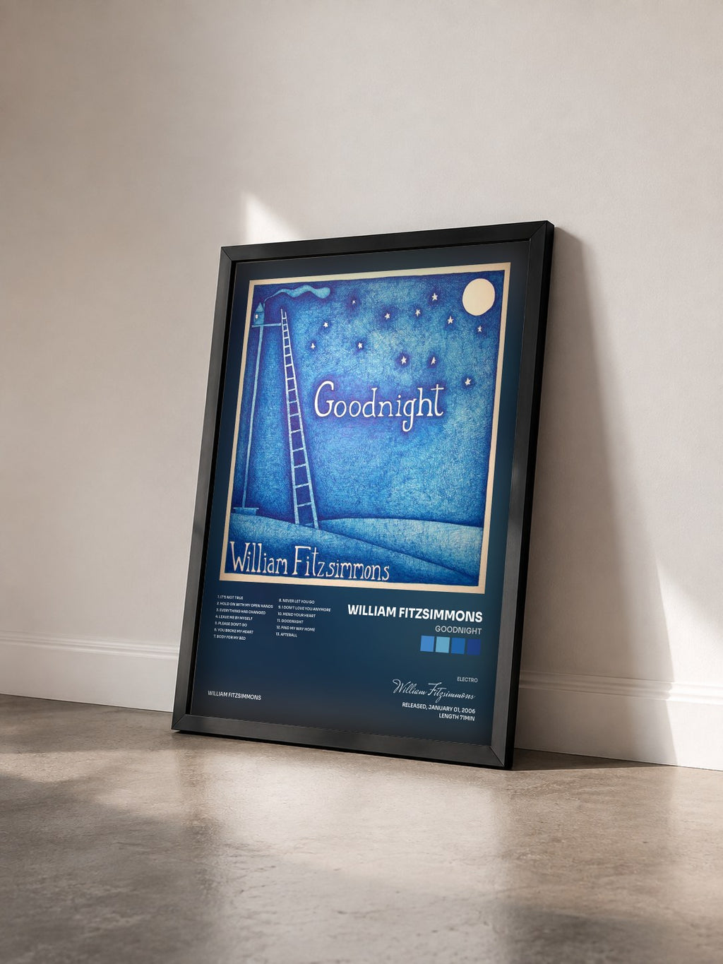 #noir Tableau de l'album Goodnight de William Fitzsimmons vu de trois quarts, cadre noir