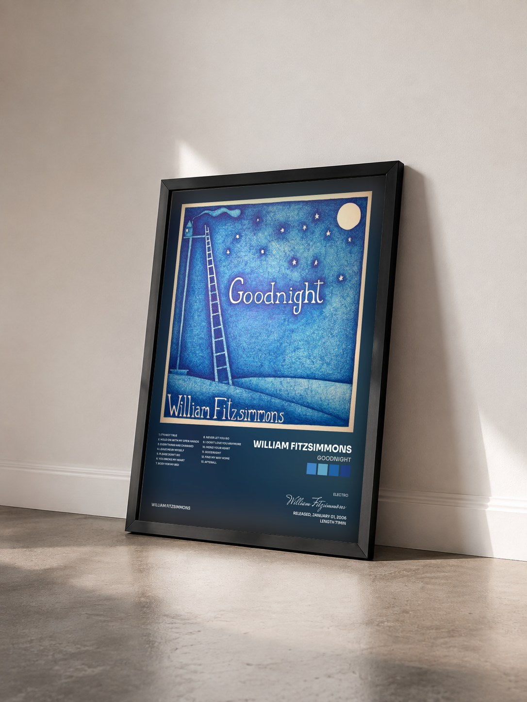 #noir Tableau de l'album Goodnight de William Fitzsimmons vu de trois quarts, cadre noir