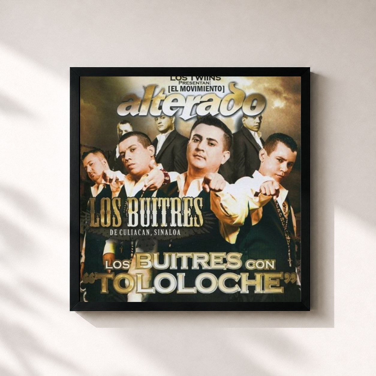 #noir Tableau carré de l'album Los Buitres Con Tololoche de Los Buitres De Culiacan Sinaloa, cadre noir 32x32 cm