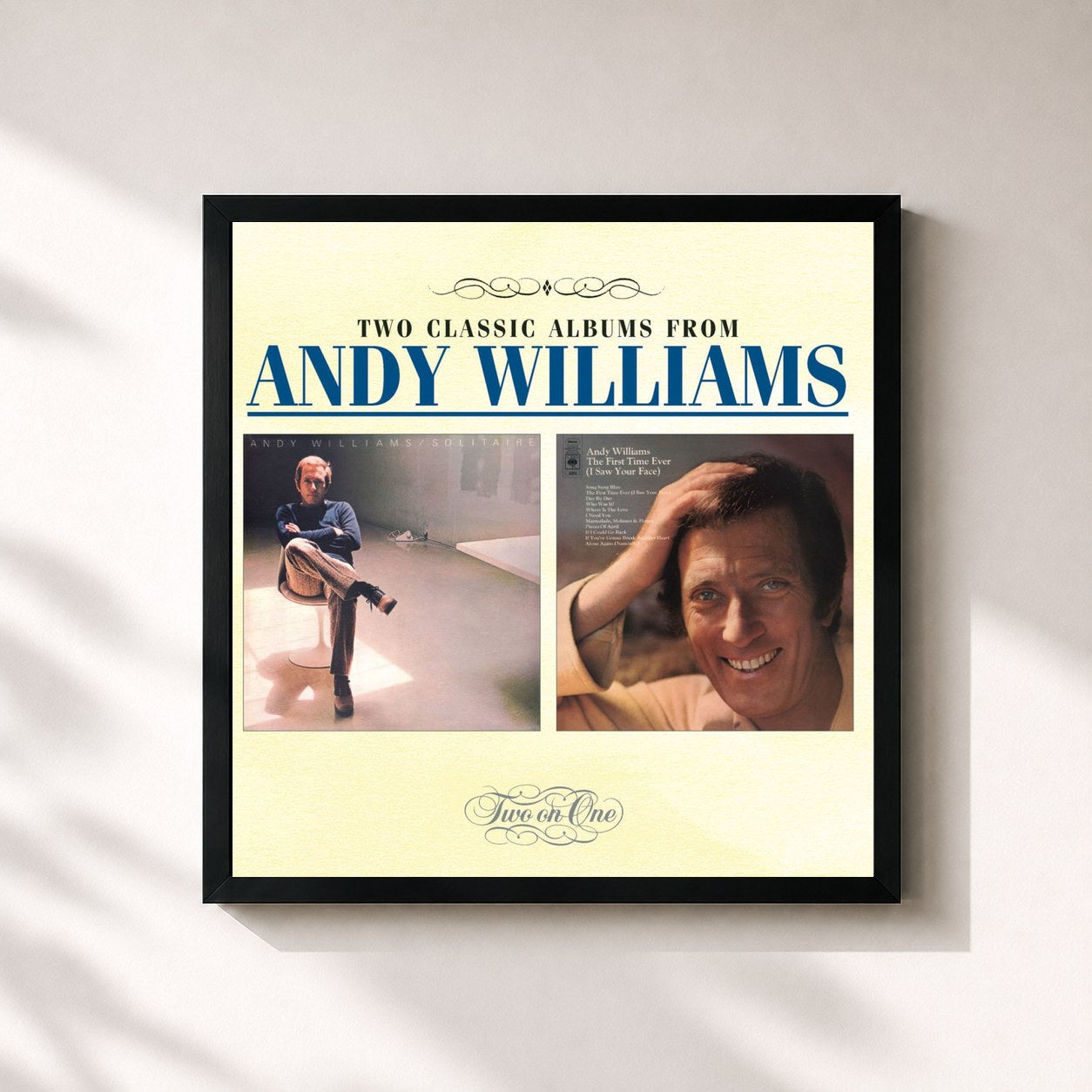#noir Tableau carré de l'album Solitaire / First Time Ever I Saw Your Face de Andy Williams, cadre noir 32x32 cm