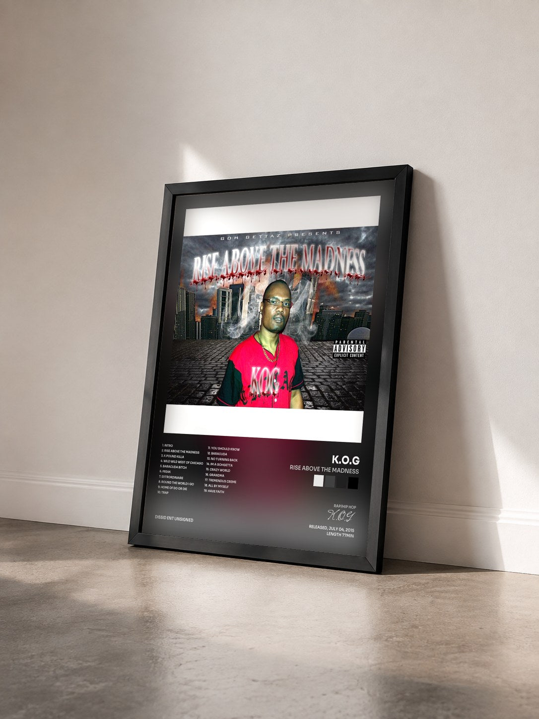 #noir Rise Above the Madness by K.O.G as a framed art print seen at an angle, black frame
