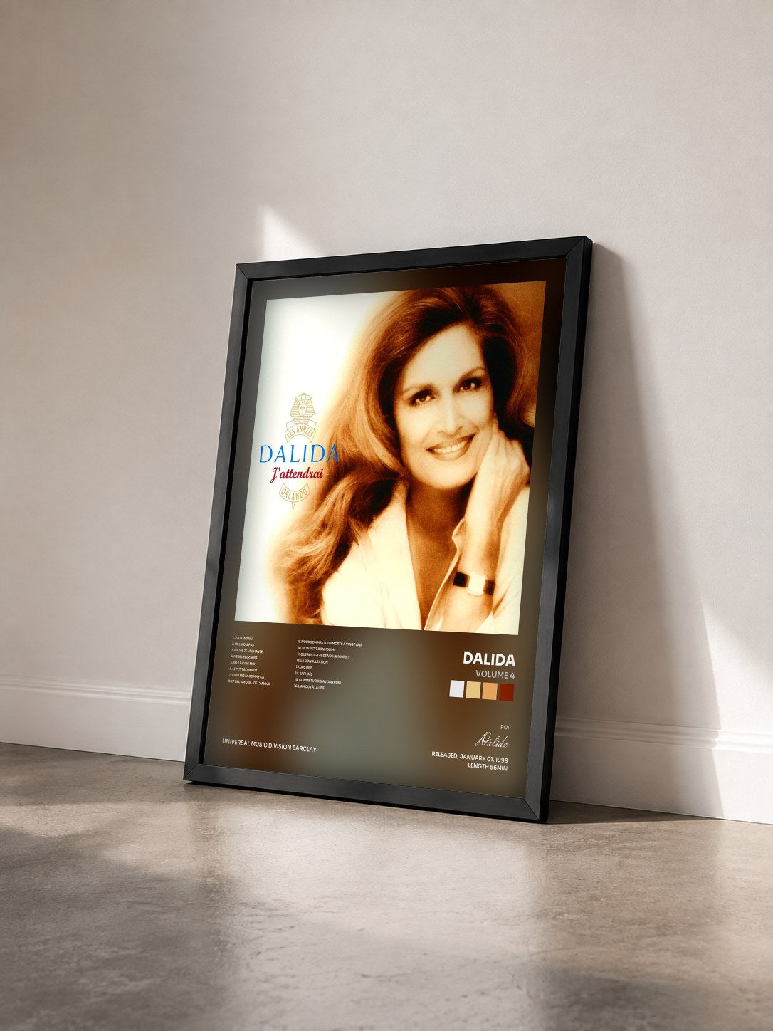 #noir Volume 4 by Dalida as a framed art print seen at an angle, black frame