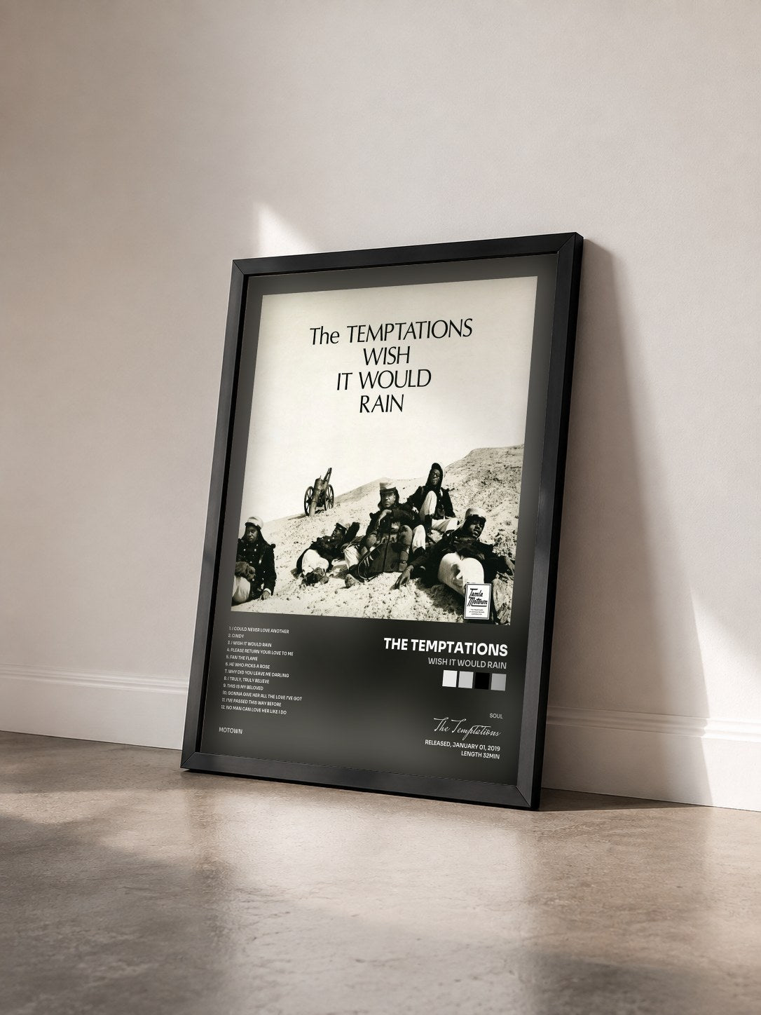 #noir Wish It Would Rain de The Temptations en lámina enmarcada vista de tres cuartos, marco negro