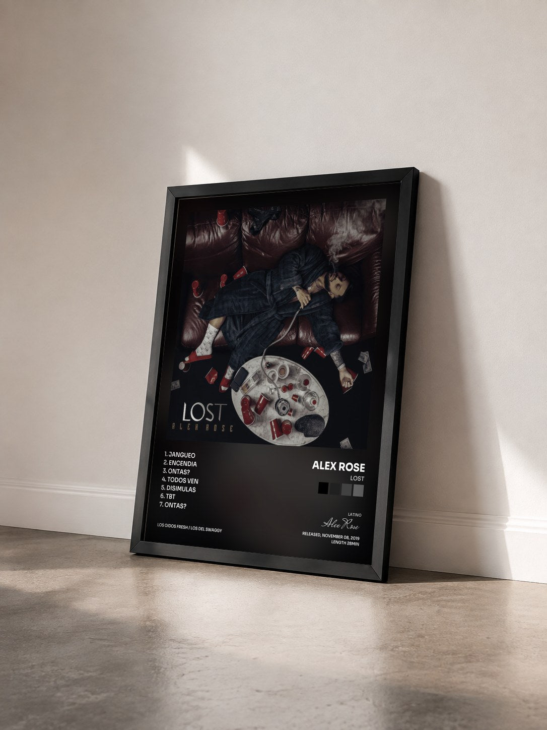#noir Tableau de l'album Lost de Alex Rose vu de trois quarts, cadre noir