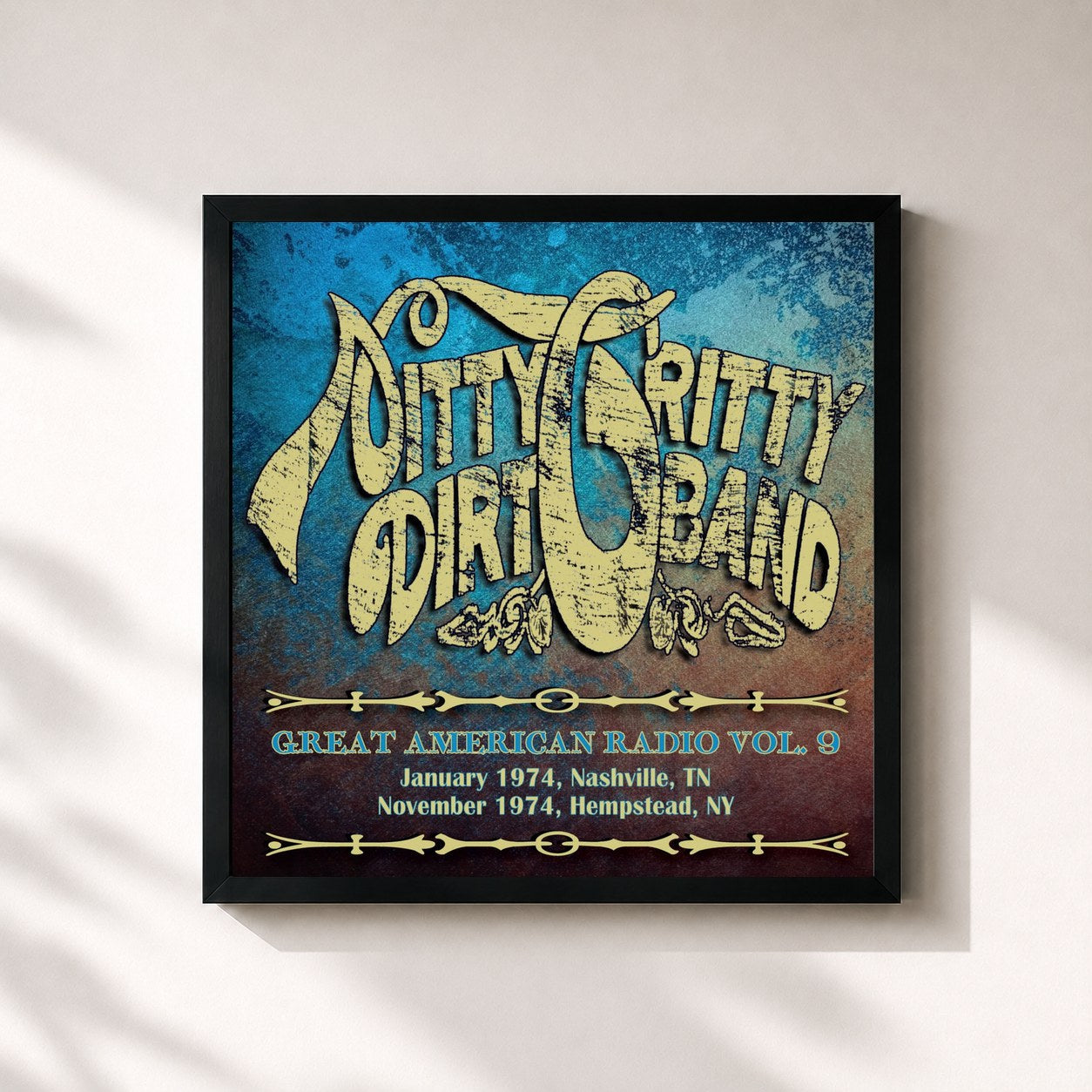#noir Tableau carré de l'album Great American Radio, Vol. 9 de Nitty Gritty Dirt Band, cadre noir 32x32 cm
