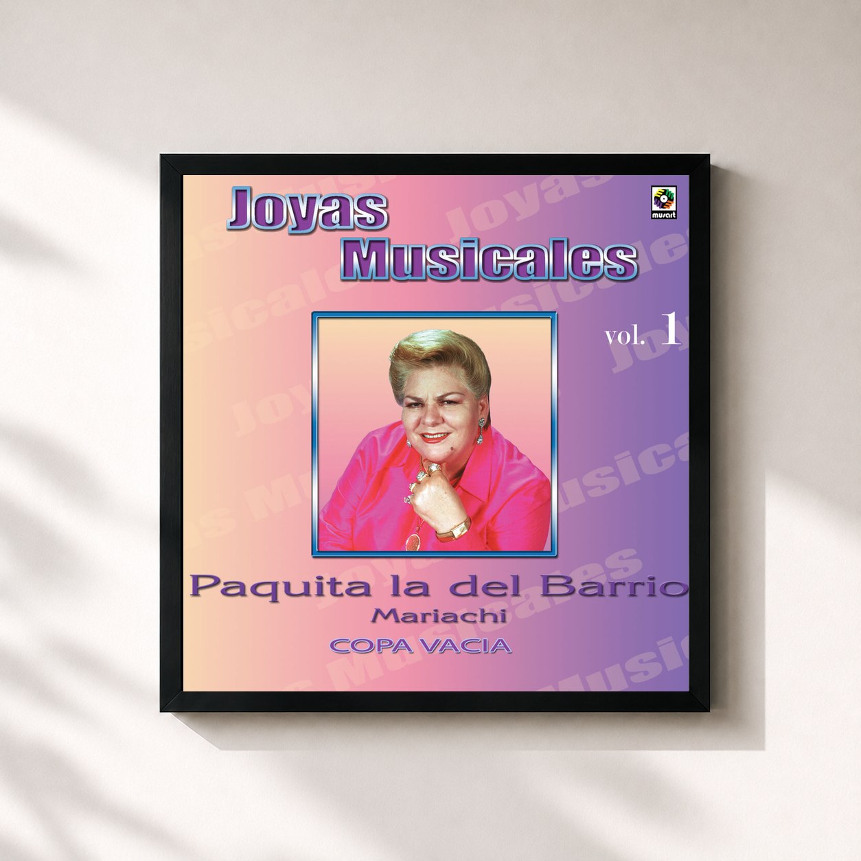 #noir Tableau carré de l'album Joyas Musicales: Mariachi, Vol. 1 – Copa Vacía de PAQUITA LA DEL BARRIO, cadre noir 32x32 cm