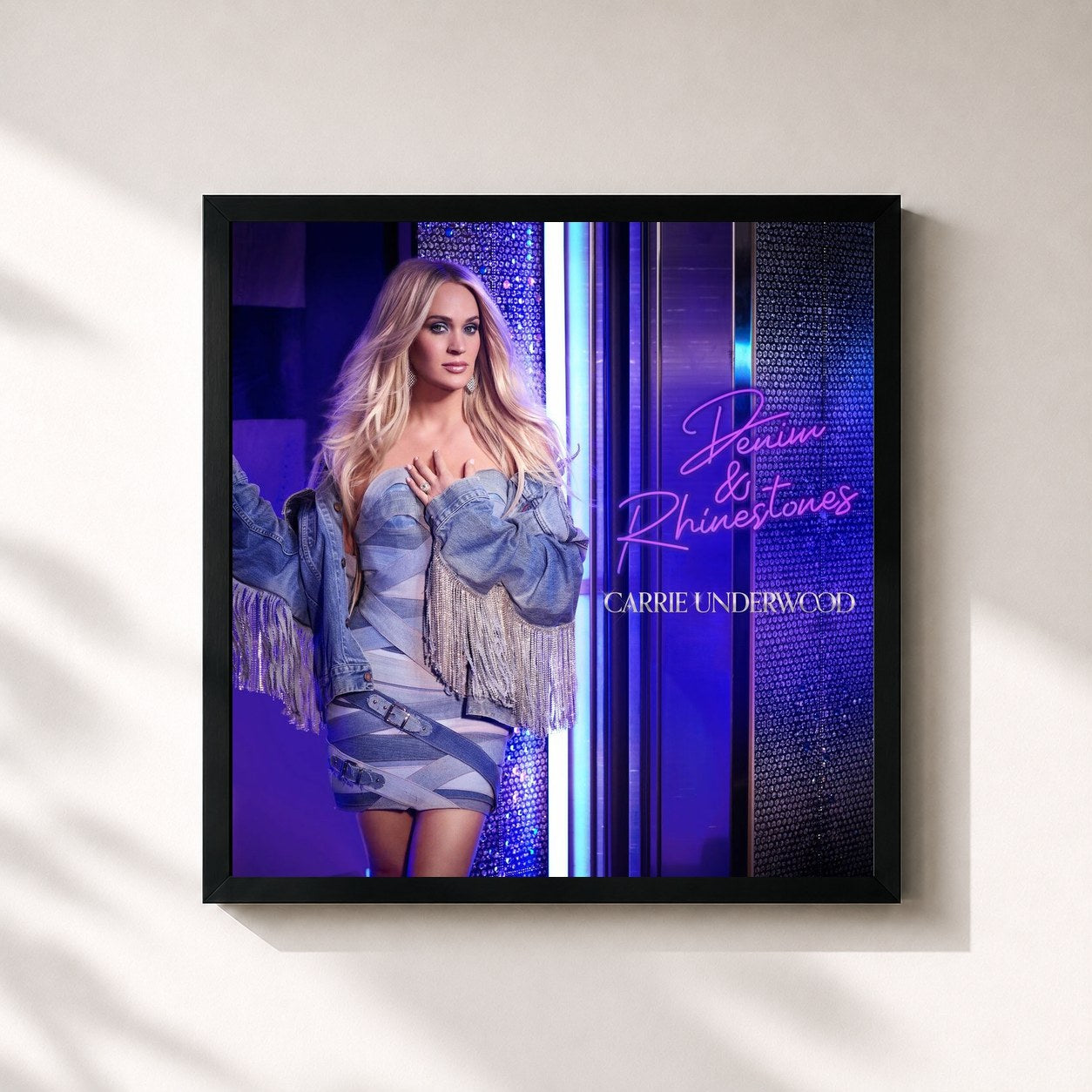 #noir Tableau carré de l'album Denim & Rhinestones de Carrie Underwood, cadre noir 32x32 cm