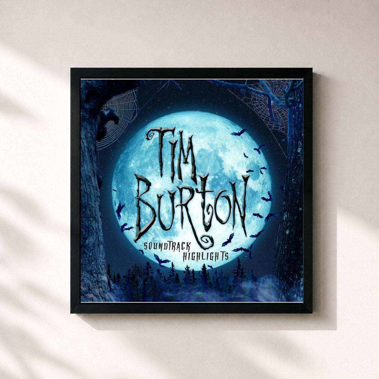 #noir Tableau carré de l'album Tim Burton Soundtrack Highlights de L'orchestra Cinematique, cadre noir 32x32 cm
