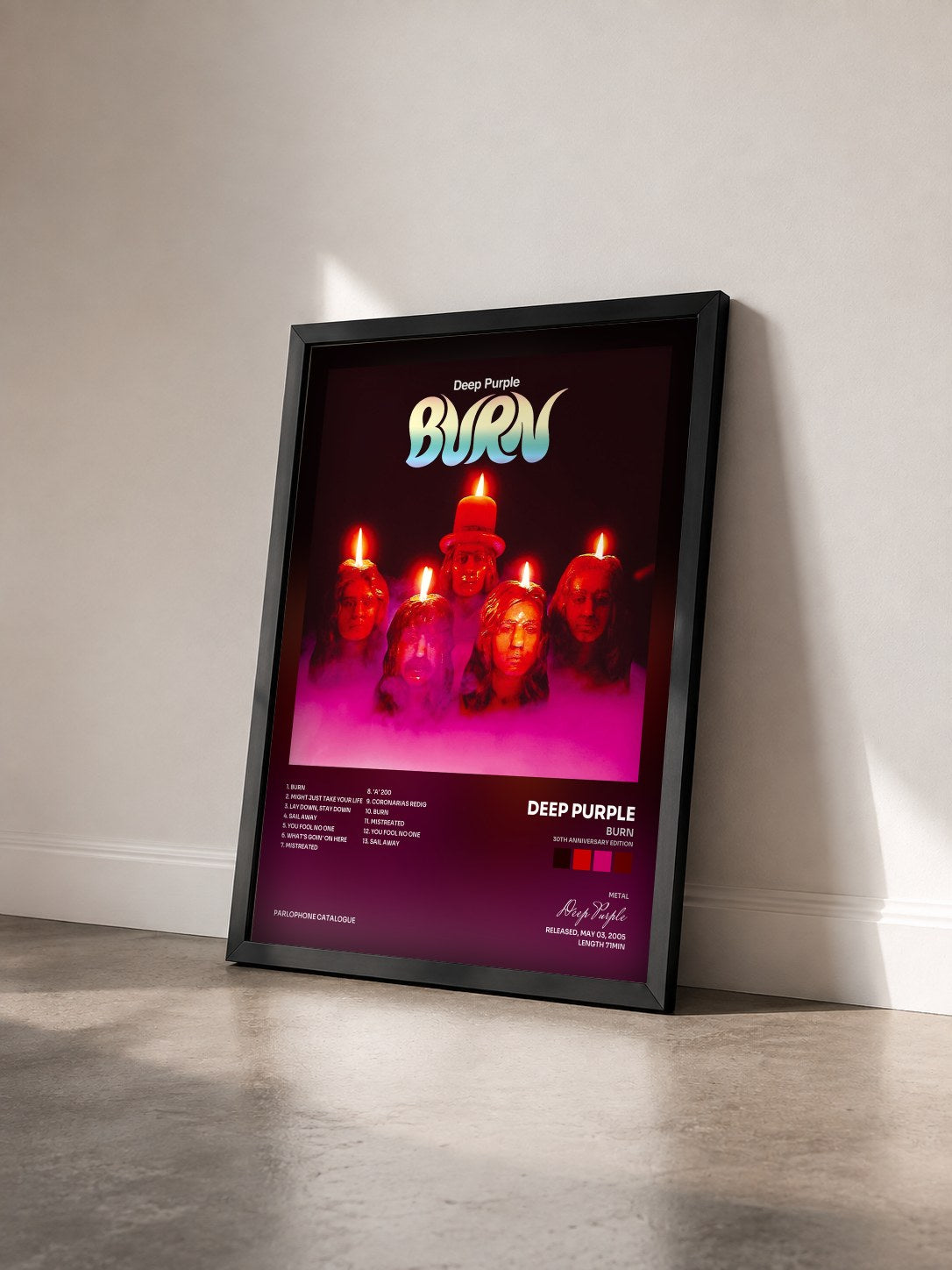 #noir Tableau de l'album Burn (30th Anniversary Edition) de Deep Purple vu de trois quarts, cadre noir