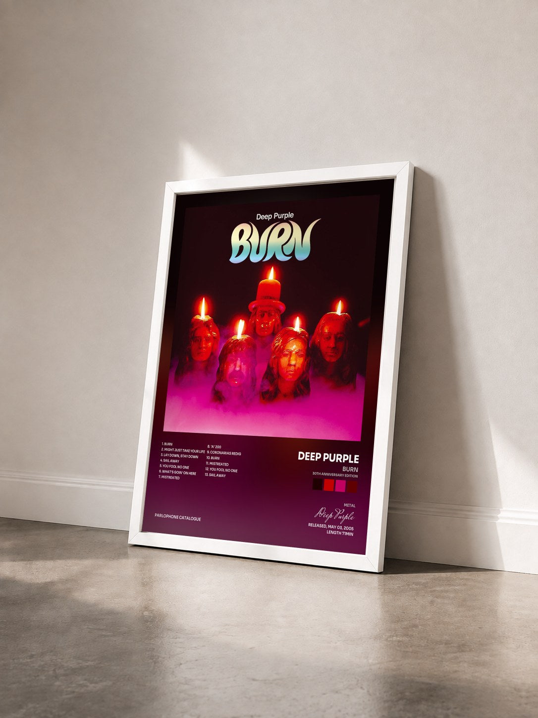 #blanc Tableau de l'album Burn (30th Anniversary Edition) de Deep Purple vu de trois quarts, cadre blanc