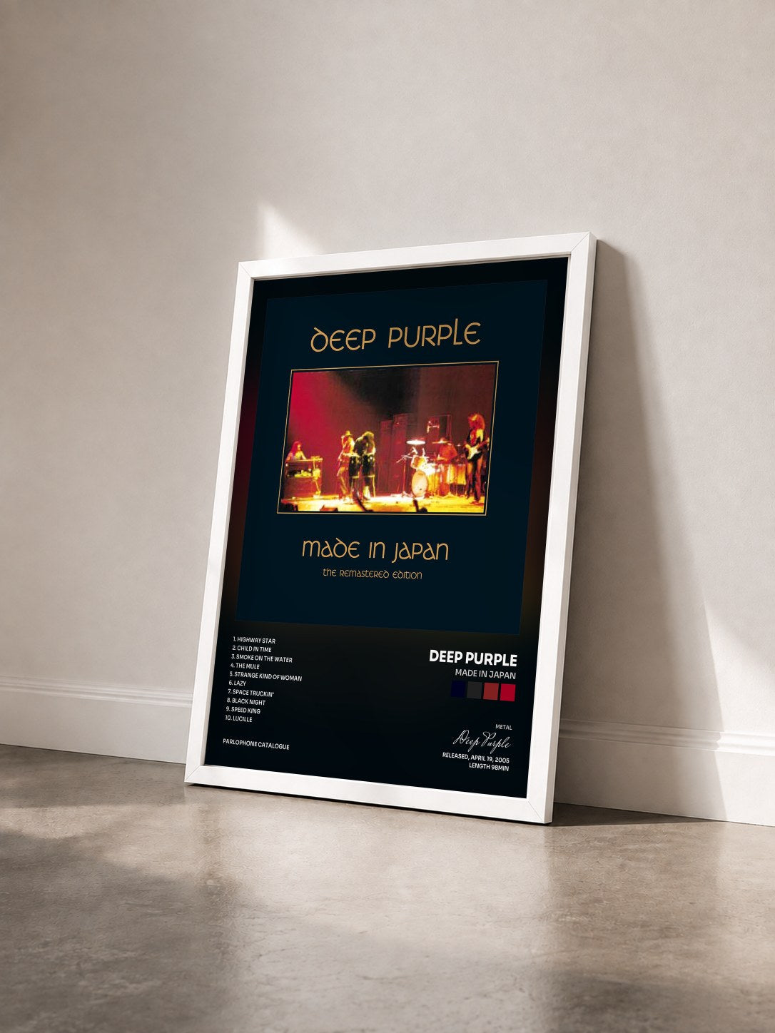 #blanc Tableau de l'album Made In Japan de Deep Purple vu de trois quarts, cadre blanc