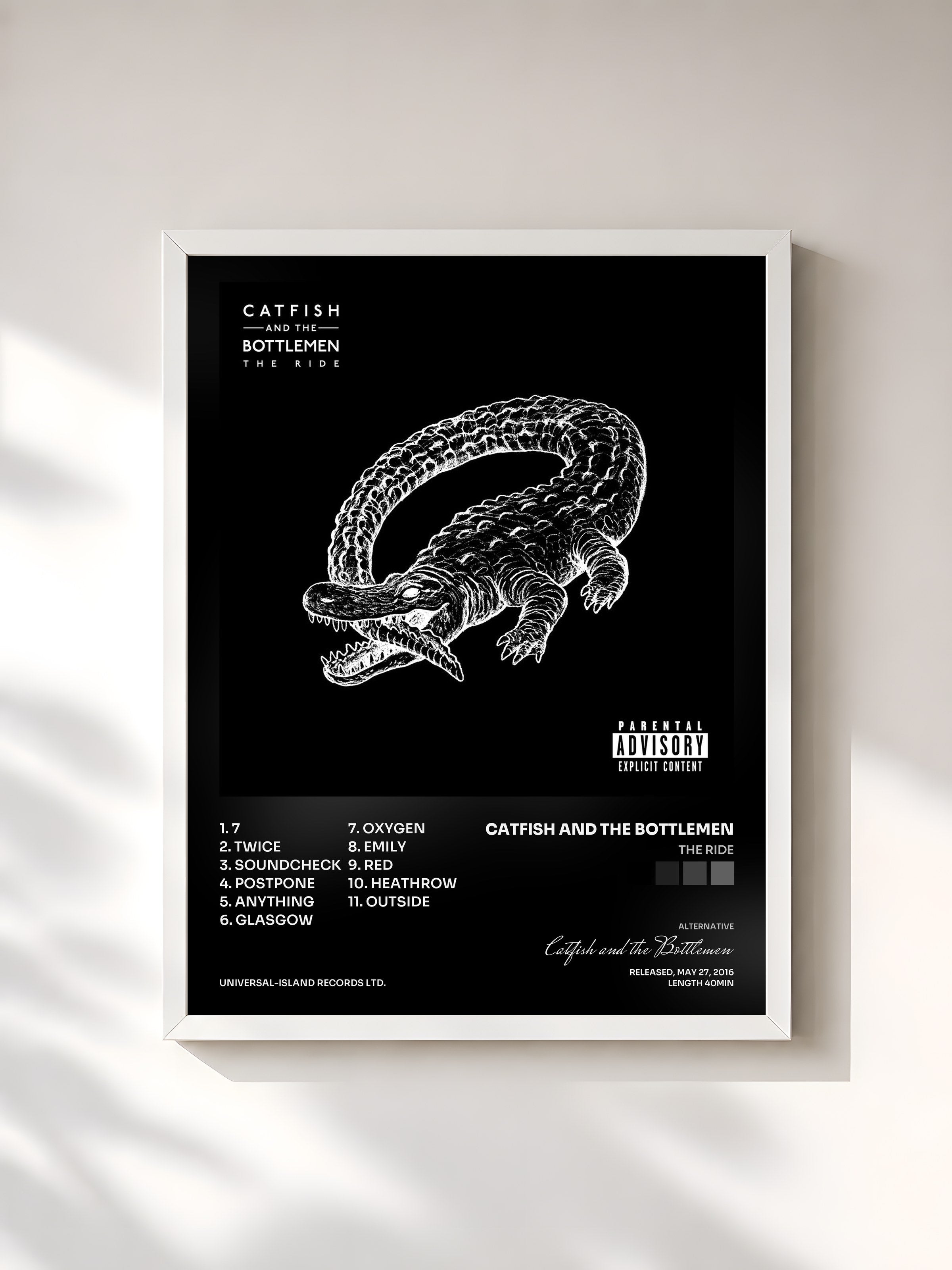 #blanc Tableau de l'album The Ride de Catfish and the Bottlemen, cadre blanc, imprimé et encadré en France