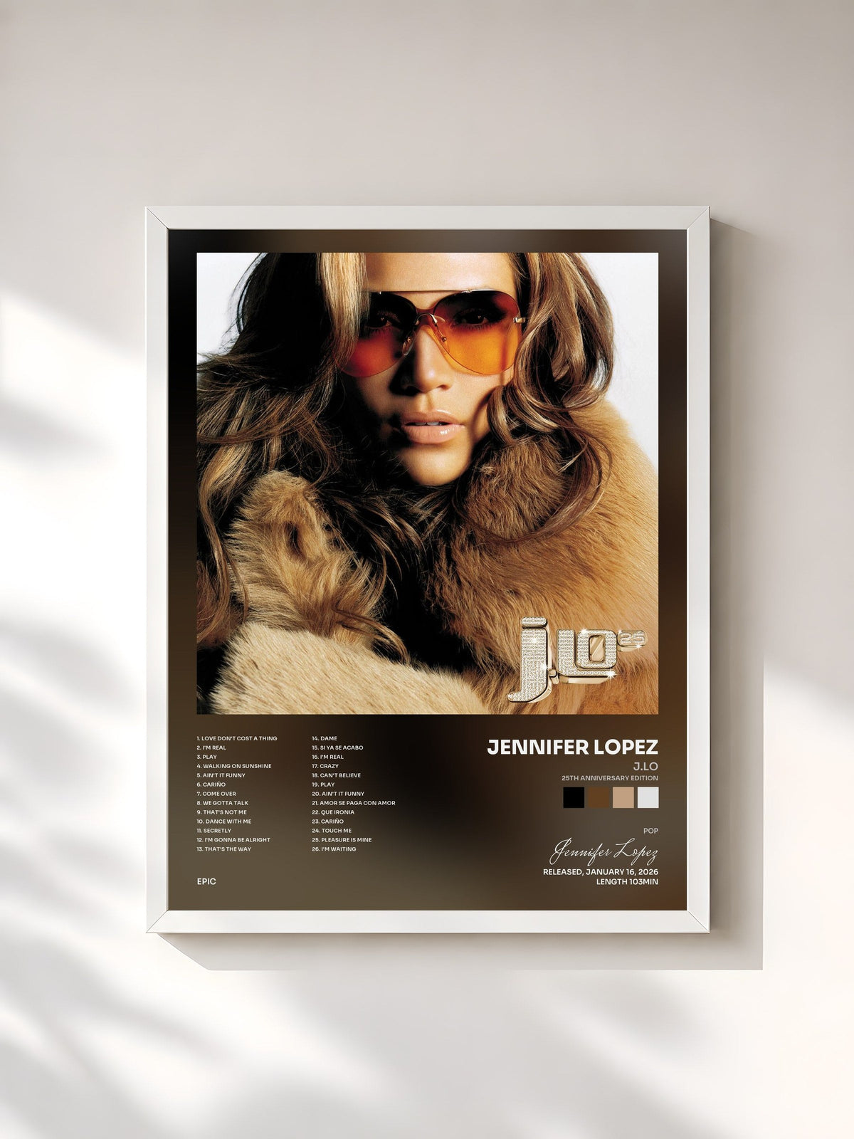 #blanc Tableau de l'album J.Lo (25th Anniversary Edition) de Jennifer Lopez, cadre blanc, imprimé et encadré en France