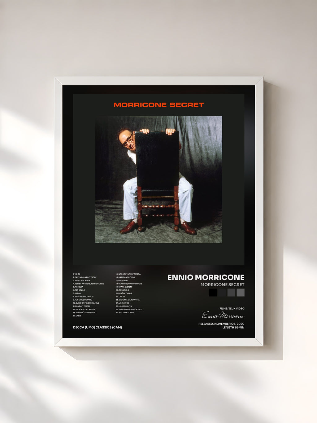 #blanc Tableau de l'album Morricone Secret de Ennio Morricone, cadre blanc, imprimé et encadré en France