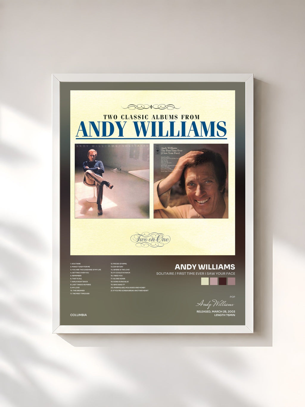 #blanc Solitaire / First Time Ever I Saw Your Face de Andy Williams en lámina enmarcada, marco blanco, impresa y enmarcada en Francia