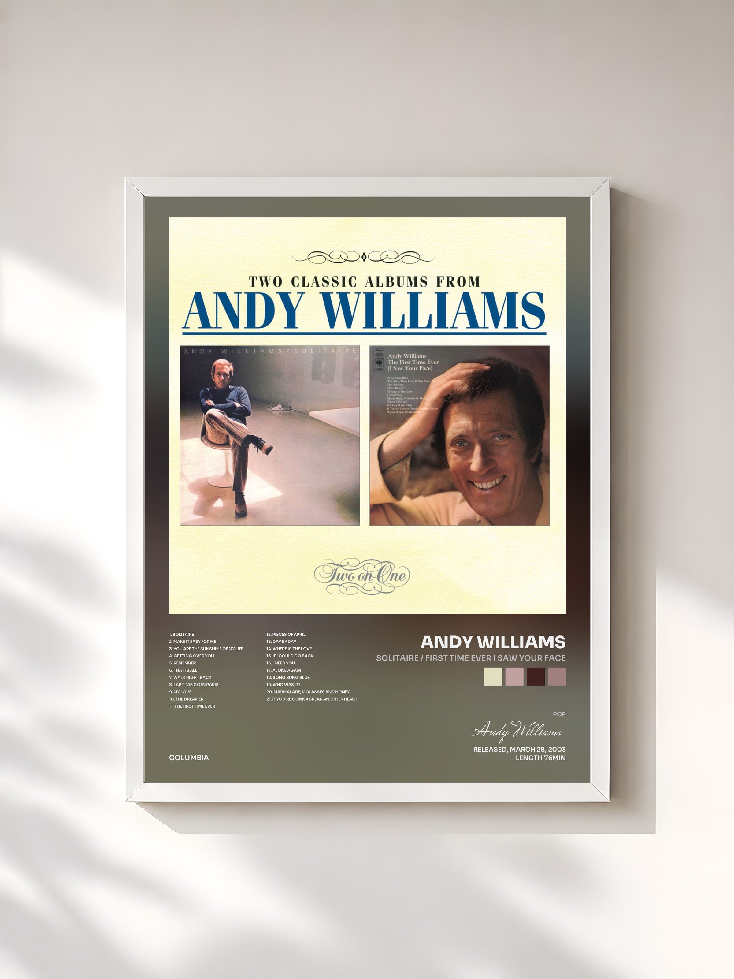 #blanc Tableau de l'album Solitaire / First Time Ever I Saw Your Face de Andy Williams, cadre blanc, imprimé et encadré en France
