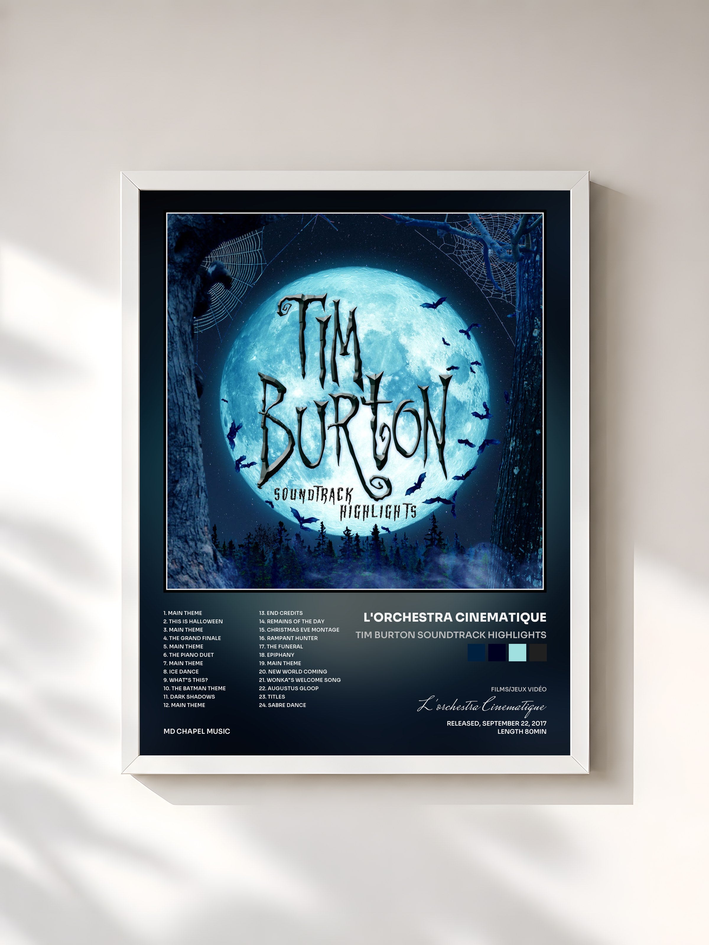 #blanc Tableau de l'album Tim Burton Soundtrack Highlights de L'orchestra Cinematique, cadre blanc, imprimé et encadré en France