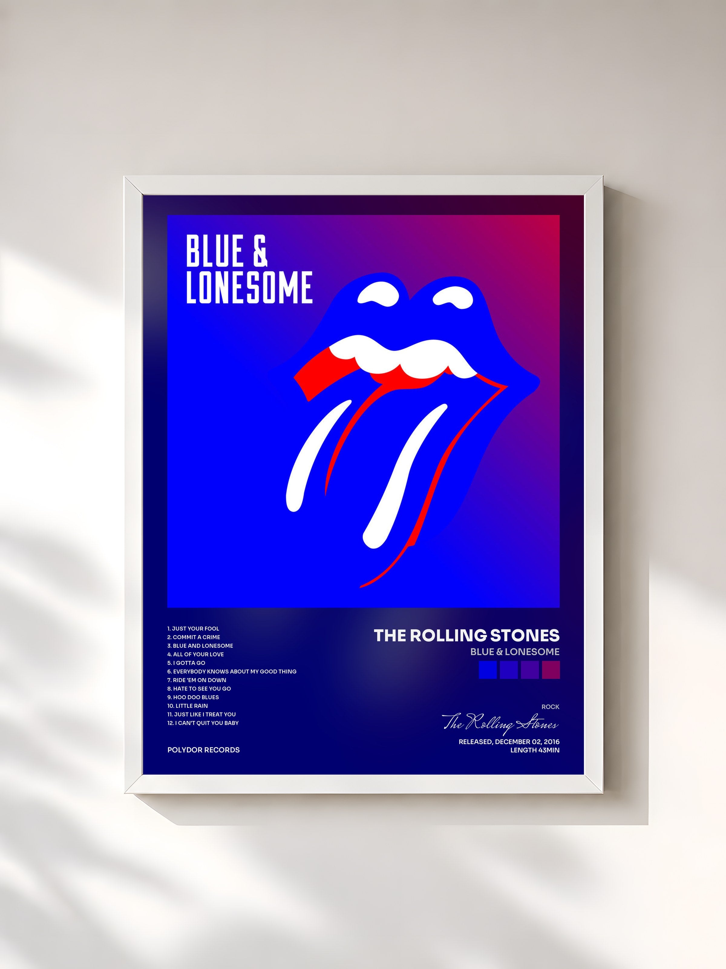 #blanc Tableau de l'album Blue & Lonesome de The Rolling Stones, cadre blanc, imprimé et encadré en France