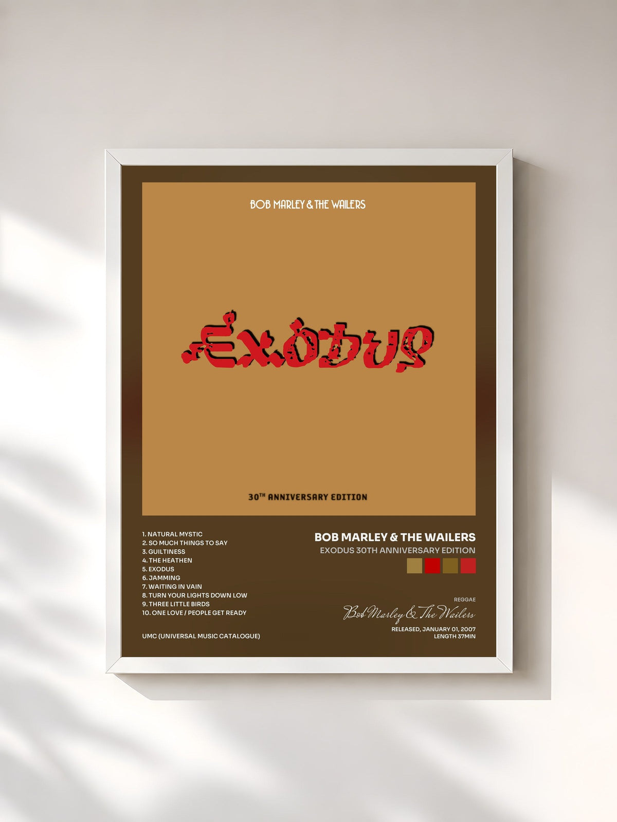 #blanc Tableau de l'album Exodus 30th Anniversary Edition de Bob Marley & The Wailers, cadre blanc, imprimé et encadré en France