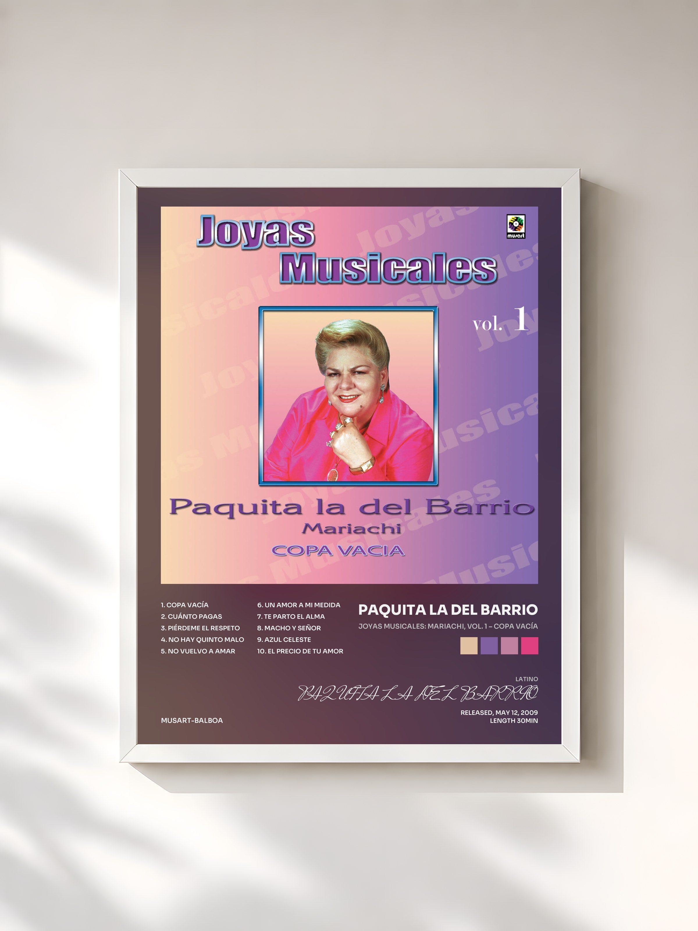 #blanc Tableau de l'album Joyas Musicales: Mariachi, Vol. 1 – Copa Vacía de PAQUITA LA DEL BARRIO, cadre blanc, imprimé et encadré en France
