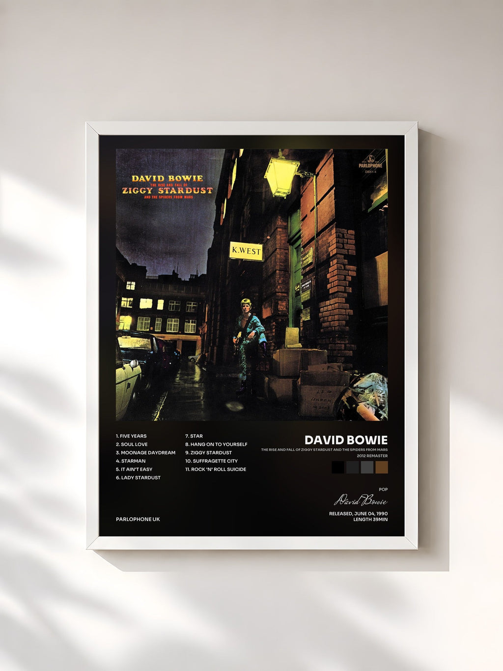 #blanc Tableau de l'album The Rise and Fall of Ziggy Stardust and the Spiders from Mars (2012 Remaster) de David Bowie, cadre blanc, imprimé et encadré en France