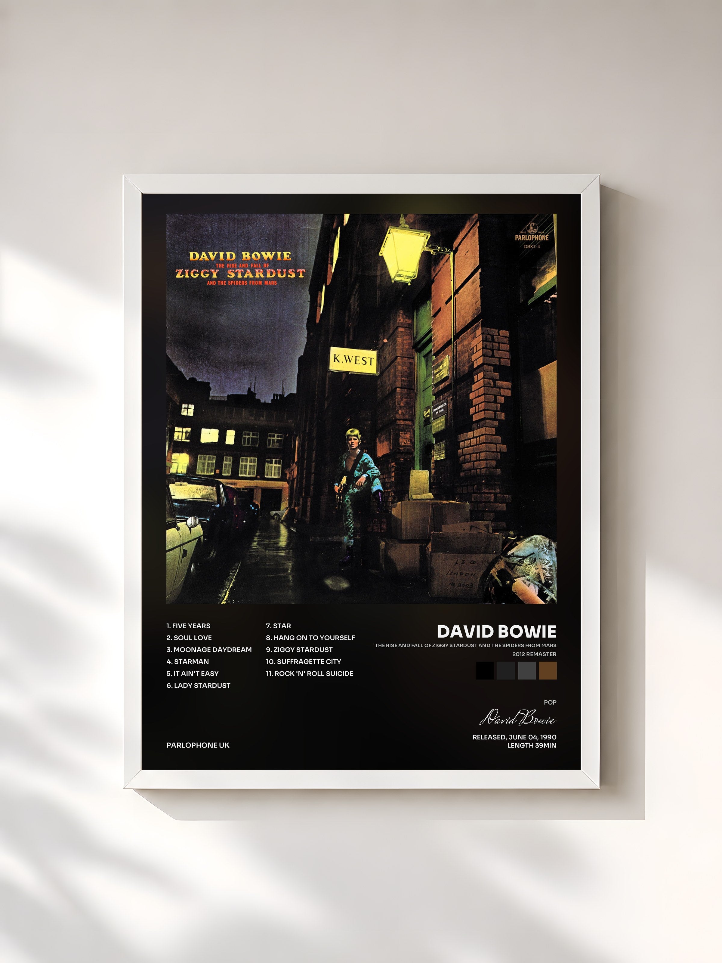 #blanc Tableau de l'album The Rise and Fall of Ziggy Stardust and the Spiders from Mars (2012 Remaster) de David Bowie, cadre blanc, imprimé et encadré en France