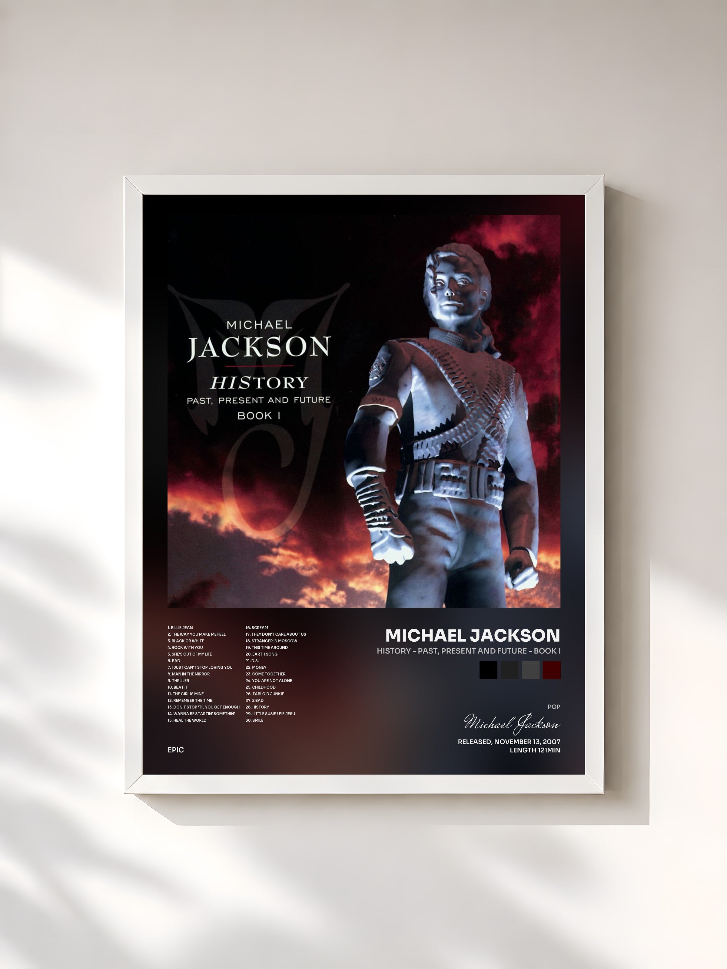#blanc Tableau de l'album HIStory - PAST, PRESENT AND FUTURE - BOOK I de Michael Jackson, cadre blanc, imprimé et encadré en France